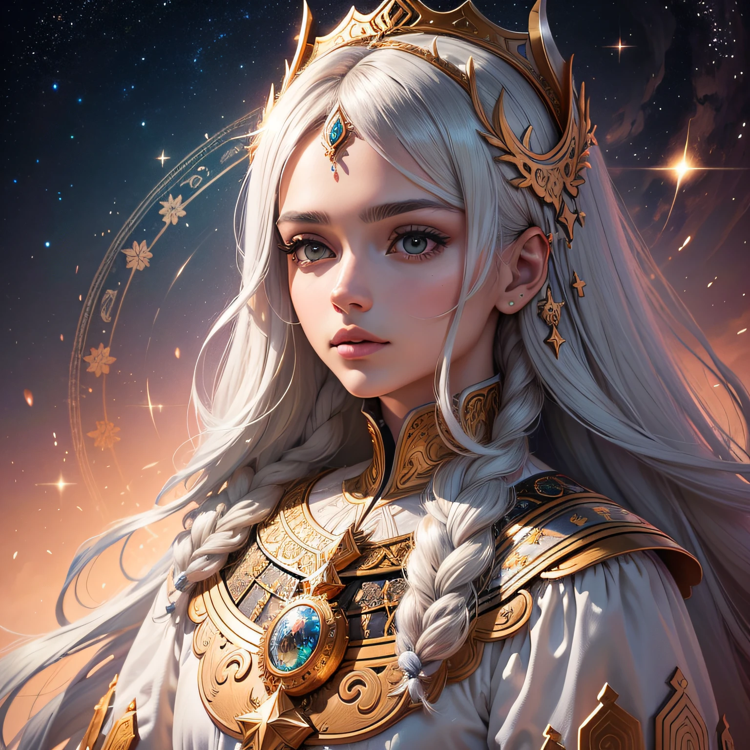 (melhor qualidade, obra-prima, Incredibly elaborate illustration, ultra-detalhada), ser celestial, contemplando o universo, silhueta imponente, cabelos em movimento, muito brilho, muitas estrelas, o universo infinito em segundo plano. --auto