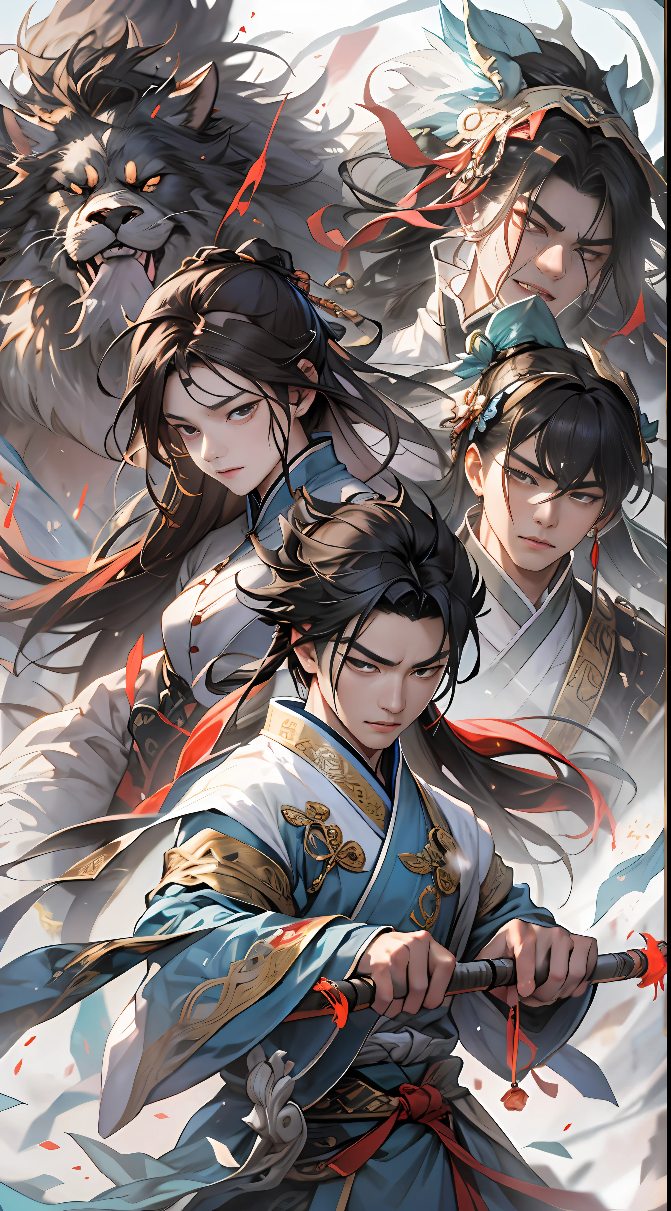 Li Gu quickly retreats and protects Li Xiao Xiao and Li Xin, who are next to the puppet, with all his strength. They all have worried and anxious expressions, surrounded by a dangerous aura, , 32k, best quality, masterpiece, super detail, high details,