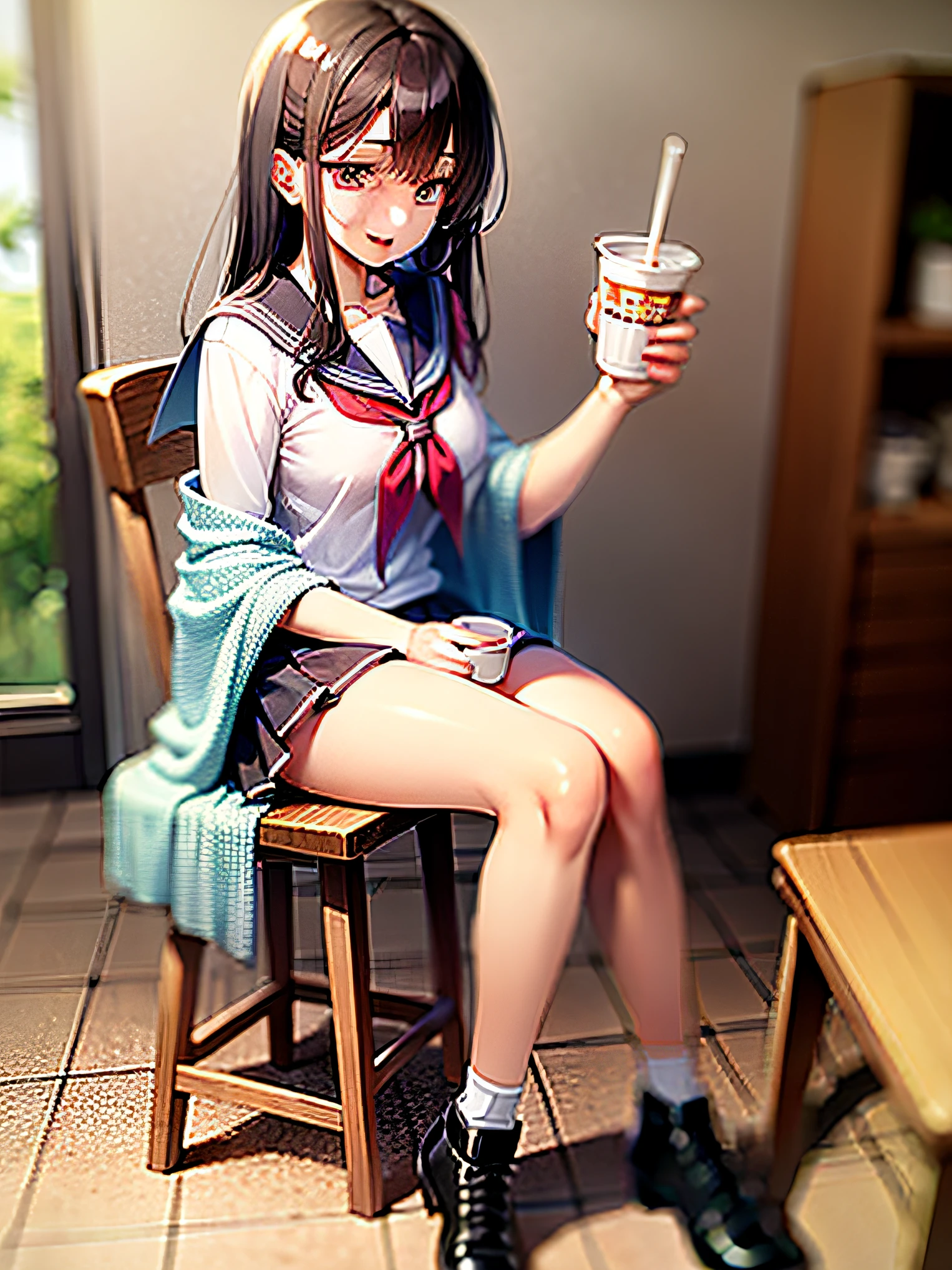 17 years old high school girl,it's lovely,height of 165cm,ssmile,JK,In sailor suit,Holding a cup of milk tea in both hands,Shawl hair,Wearing a hair hole,Bust photo