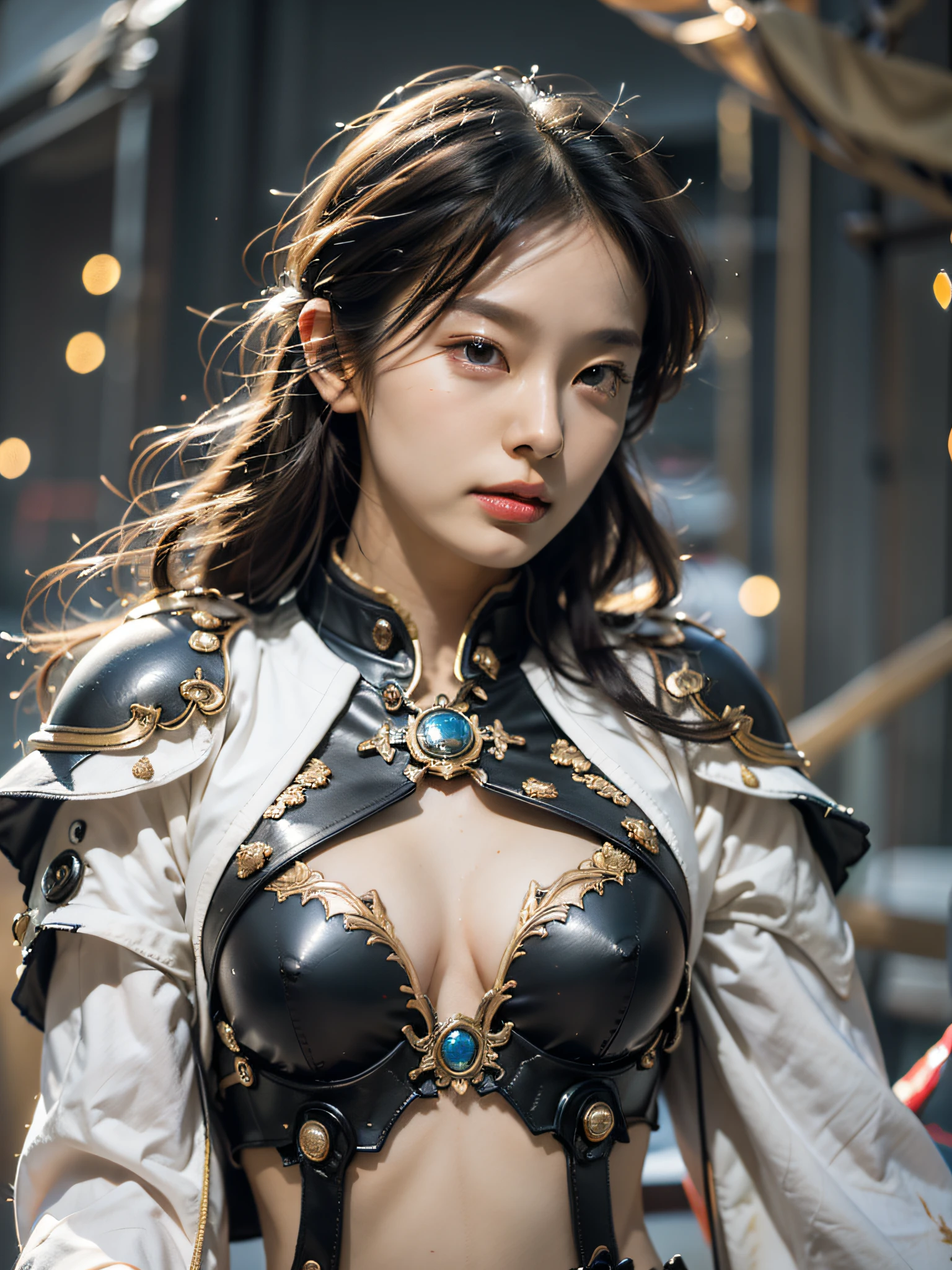 Best quality at best，tmasterpiece，超高分辨率，（真实感:1.4）,The sword，Detailed details,1girll,Combat posture,cleavage，a beauty girl，Hand-held weapons，mechs，A mechanical，ellegance，Clear focus，gentlesoftlighting，vivd colour，tmasterpiece，