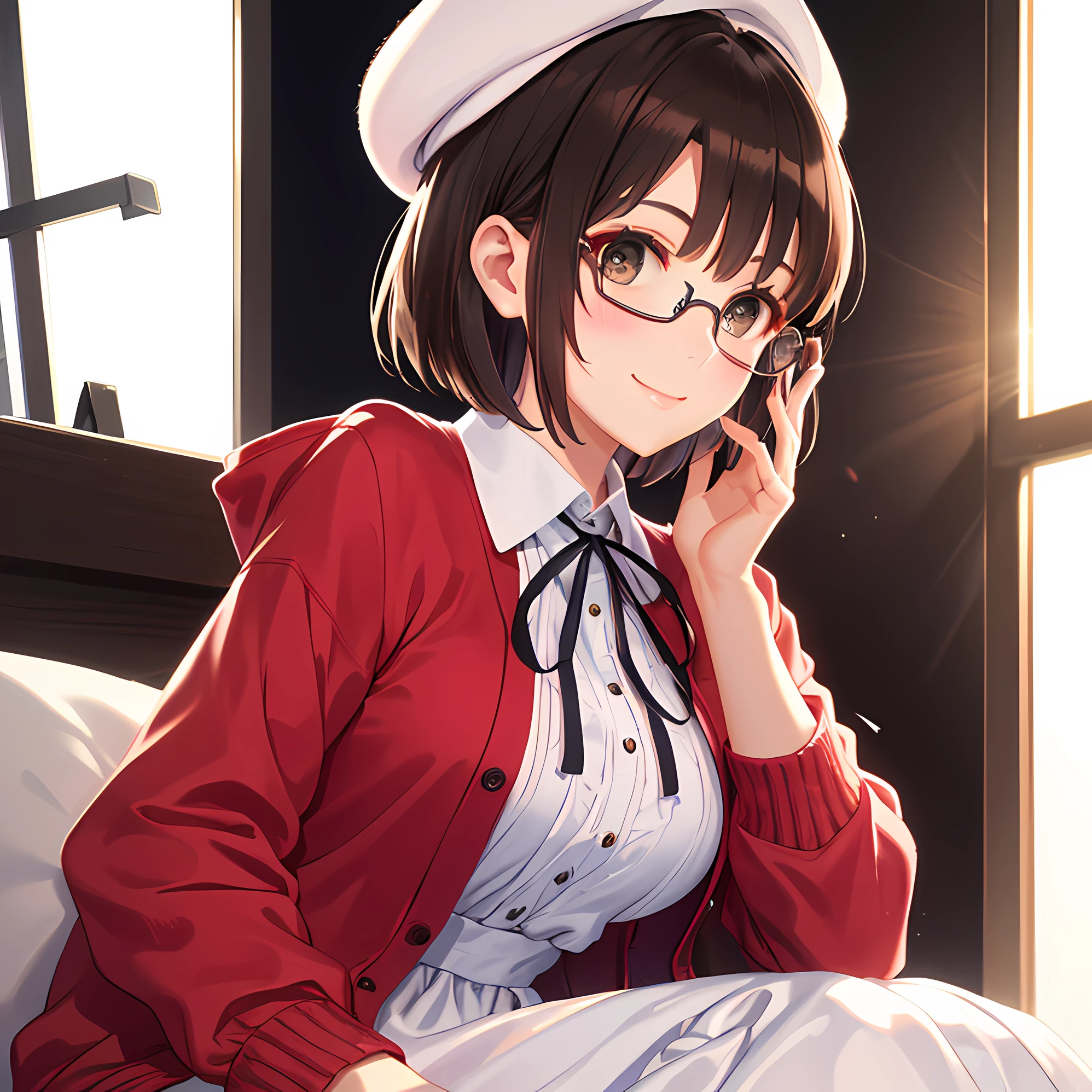 (masterpiece:1.6, best quality), (finely detailed beautiful eyes: 1.2), ph_katou, katouhdlong, katouhd, 1girl, solo, holding eyewear, hat, eyewear removed, dress, brown hair, bangs, holding, short hair, simple background, glasses, jacket, white background, open jacket, smile, white headwear, brown eyes, open clothes, blush, white dress, red jacket, ribbon, long sleeves, standing, closed mouth, beret, bow, neck ribbon, breasts, black ribbon, buttons, medium breasts, black-framed eyewear, short dress, backlighting, wing collar, manka