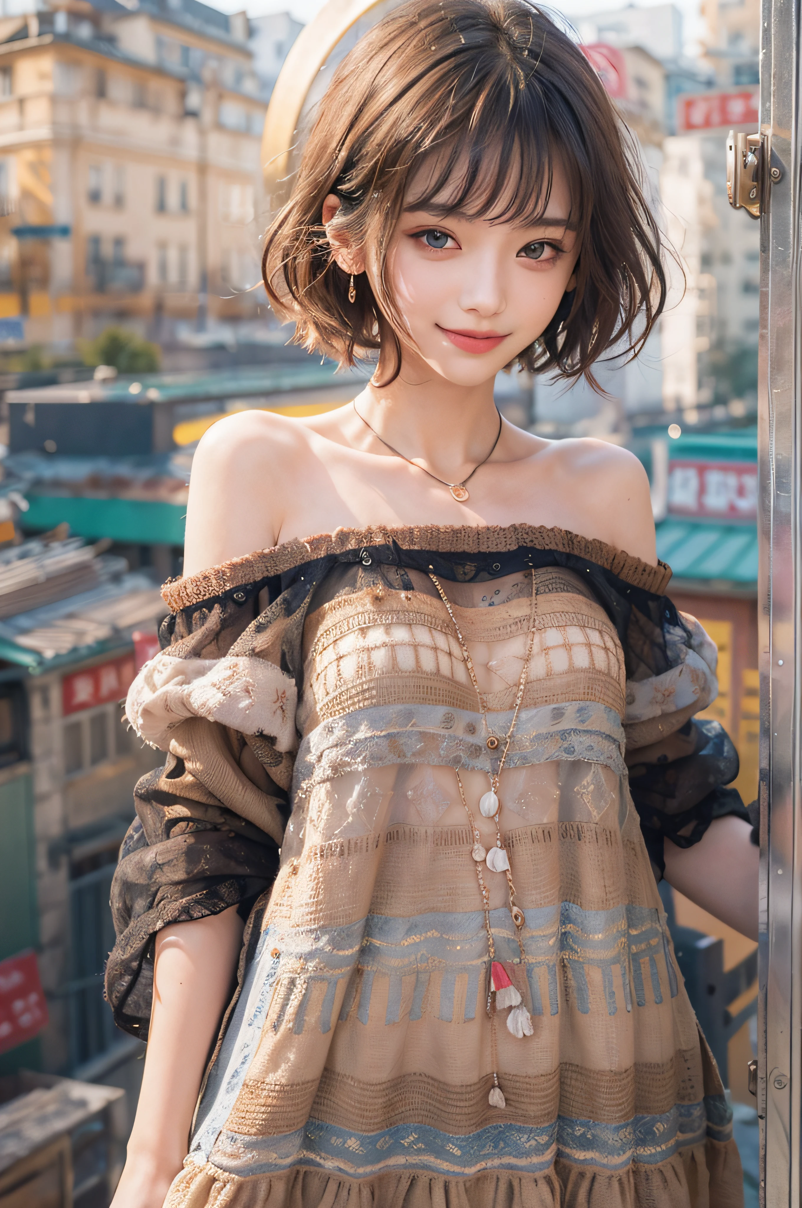 (delicate illustration:1.3)、(masterpiece:1.0)、(top-quality:1.4)、(超A high resolution:1.2)、(Photorealsitic:1.4)、(8K、Raw photography:1.2)、(foco nítido:1.3)、fullllbody、(23years old:1.4)、(((One girl wearing a detailed off-shoulder knitted dress)))、((Girl with short bob hair))、(Brightly colored clothing)、(Fashionable patterned clothes)、(((urban backdrop)))、((Brown contacts white skin))、鎖骨、hugetits、(Happy smiling face)、landscapes、bangss:1.2、beatiful detailed eyes、(sface focus)、 When you look into the camera、Slimed、Slender West、Thin leg、(cute little)、(Beautiful fece)、showing the view from above、pureerosface_v1、ulzzang -6500-v1.1