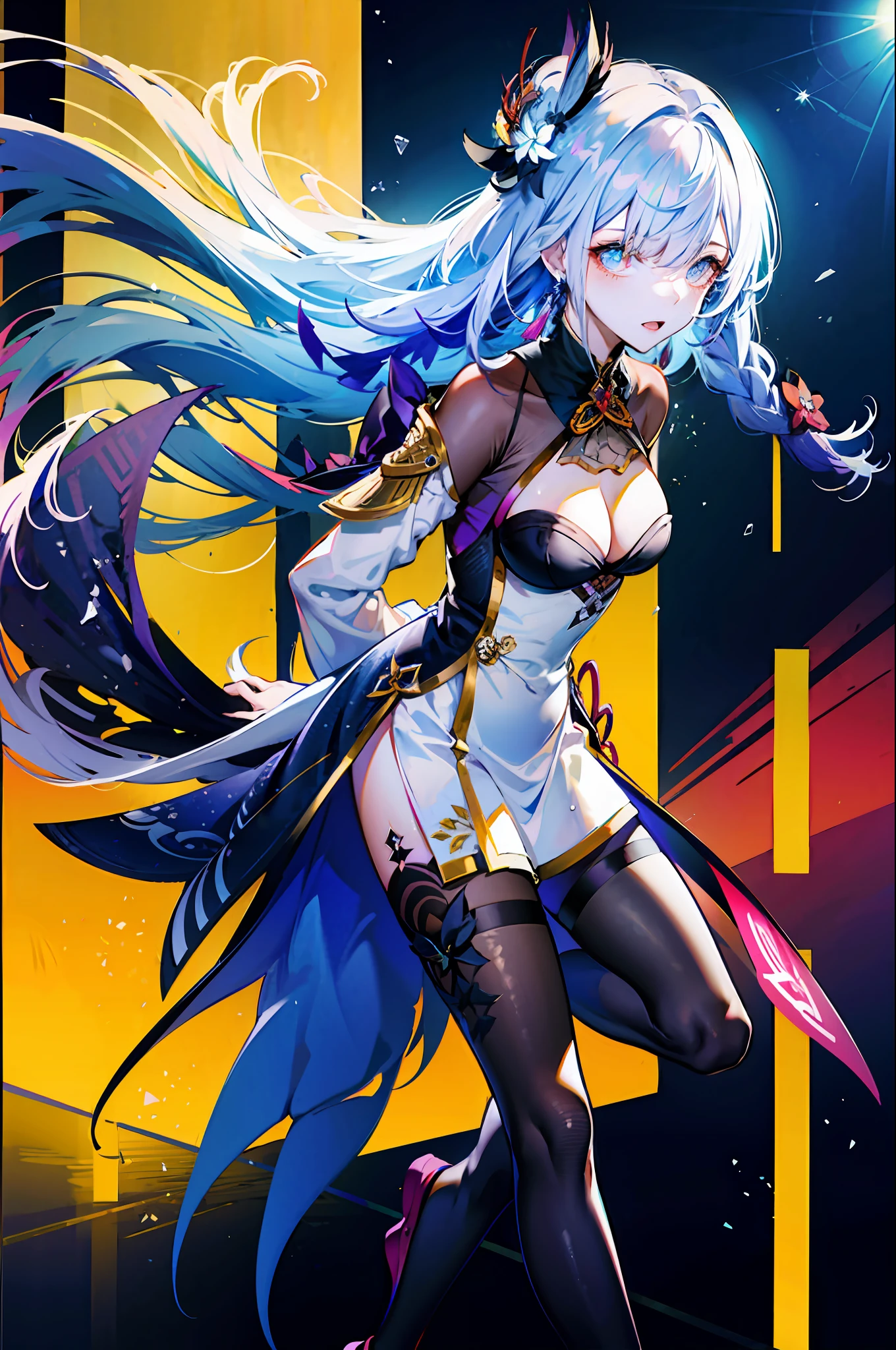 (best quality, detailed background, highres, absurdres, bloom, disheveled hair, shiny hair, exposed in lighting, bright pupils),
1girl, focus on leg, earpiece, long hair, silver hair, large_breasts, action_pose, standing, arms behind back, stage, spotlight, glass ceiling,
shenhe \(genshin impact\), hair_ornament, hair over one eye, designer dress, dutch_angle,