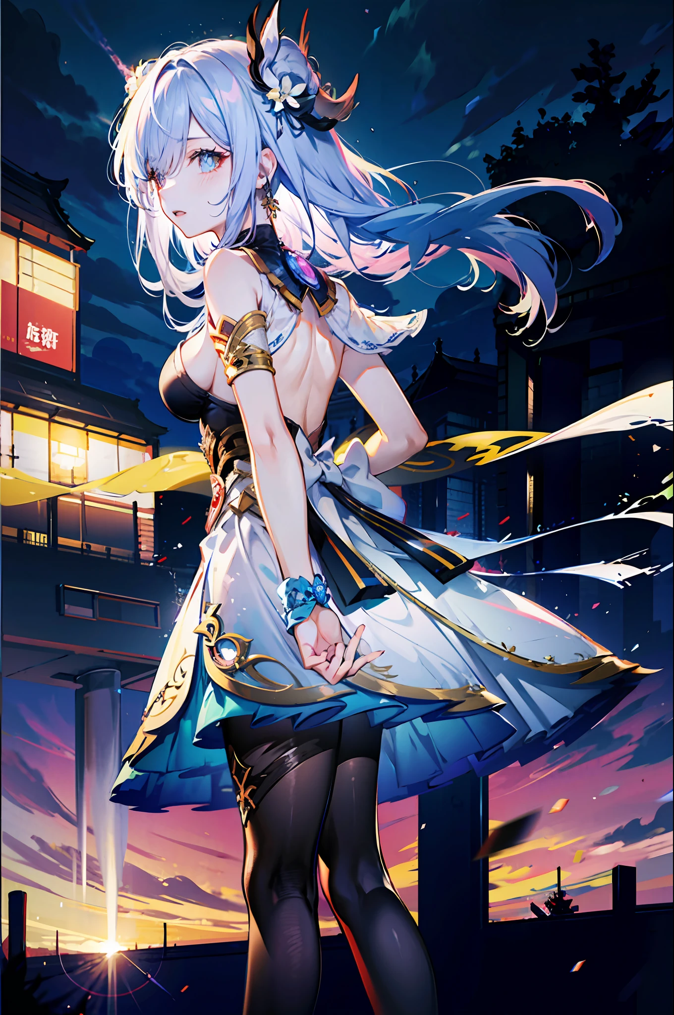 (best quality, detailed background, highres, absurdres, bloom, disheveled hair, shiny hair, exposed in lighting, bright pupils),
1girl, focus on leg, earpiece, long hair, silver hair, large_breasts, action_pose, standing,  arms behind back, stage, spotlight, glass ceiling, 
shenhe \(genshin impact\), hair_ornament, hair over one eye,  designer dress,  dutch_angle,