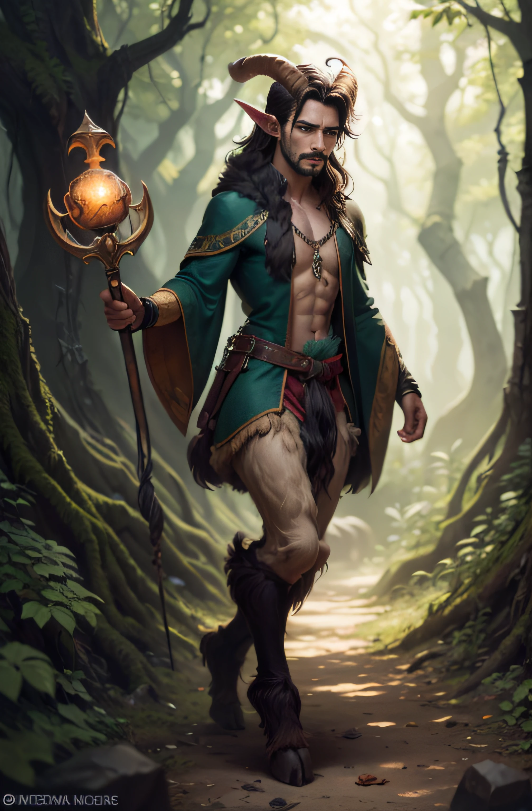 male, perfect face, detailed face, handsome, masculine, perfect eyes, detailed eyes, leaf clothes, nature clothes, druid clothes, medieval clothes, satyr, faun, druid, long hair, dark hair, goatlike legs, goatlike feet, goatlike horns, goatlike ears, male, forest, nature, young, magic, druid, animals, detailed, perfect quality, magical, masterpiece, detailed, magician, fantasy, fairy, magic cane, fur legs, fur pants