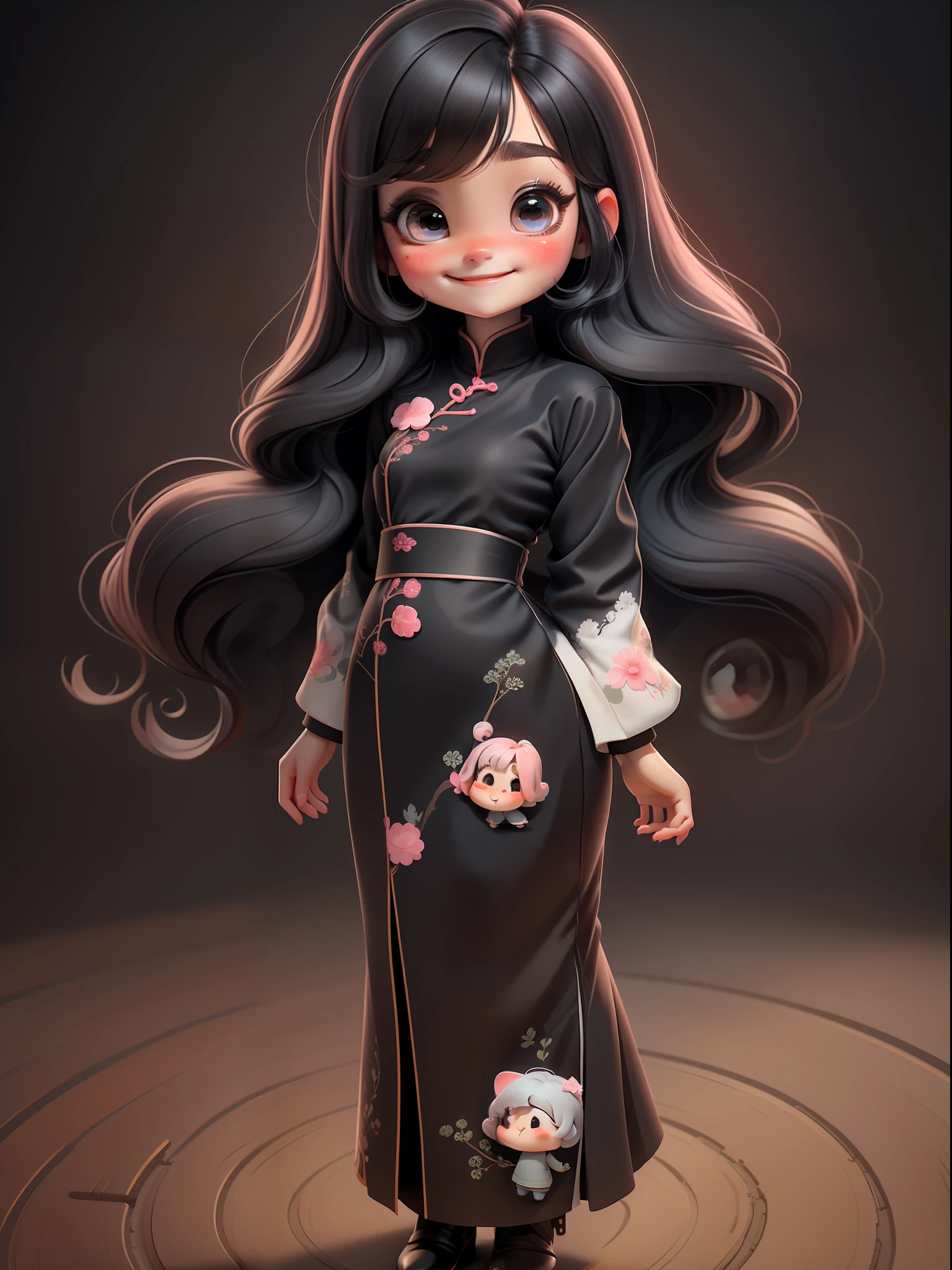 (Masterpiece), (Best Quality), (Super Detail), (Full Body: 1.2), 1 Girl in aodai tradition vietnam, Chibi, Cute, Smile, Colorless Background, Blush, Straight Hair, Long Hair, Blurry, Black Hair, Blush Stickers, Bangs, (Beautiful Detailed Face), (Beautiful Detailed Eyes), Full Body,