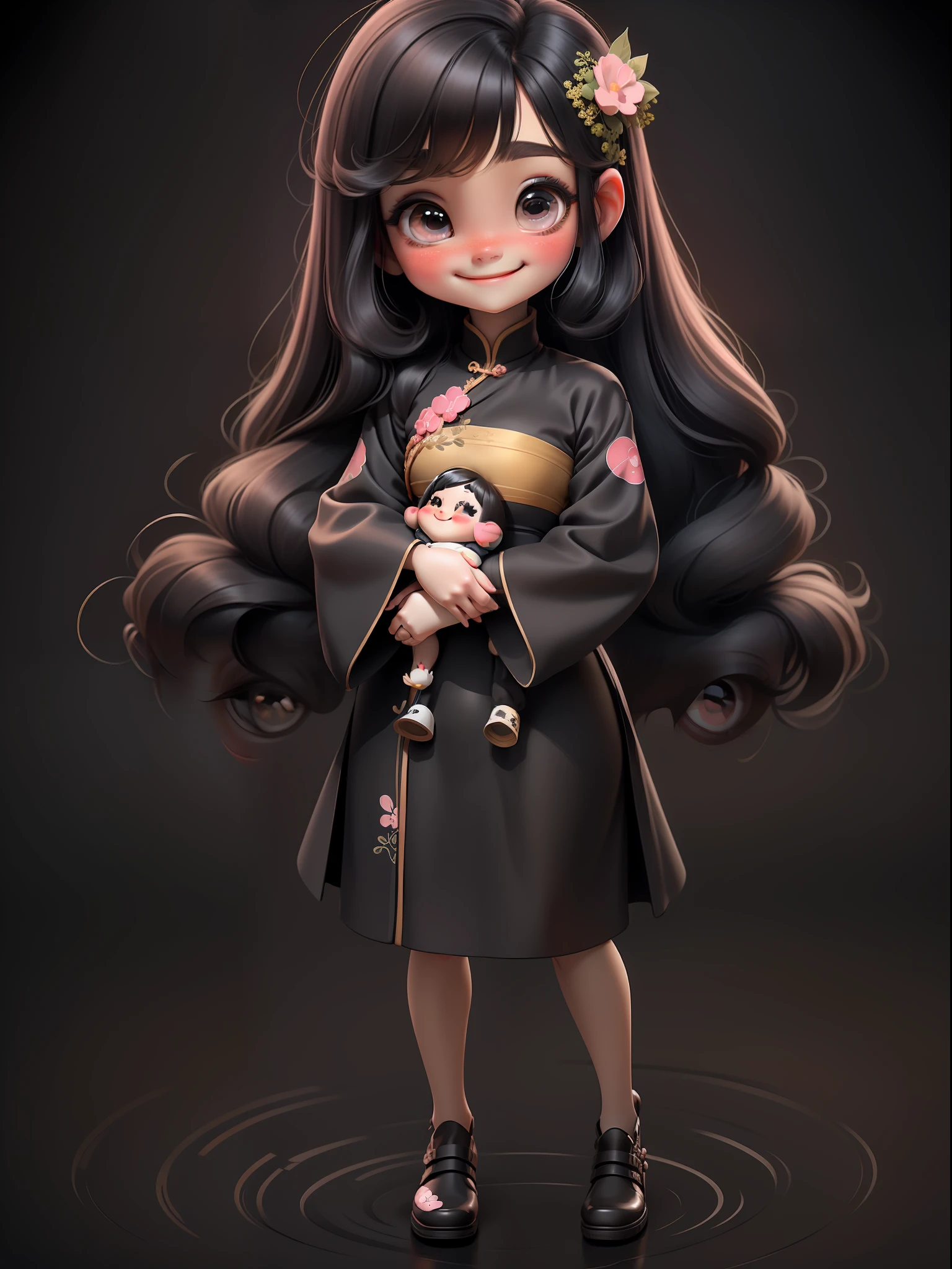 (Masterpiece), (Best Quality), (Super Detail), (Full Body: 1.2), 1 Girl in aodai tradition vietnam, Chibi, Cute, Smile, Colorless Background, Blush, Straight Hair, Long Hair, Blurry, Black Hair, Blush Stickers, Bangs, (Beautiful Detailed Face), (Beautiful Detailed Eyes), Full Body,