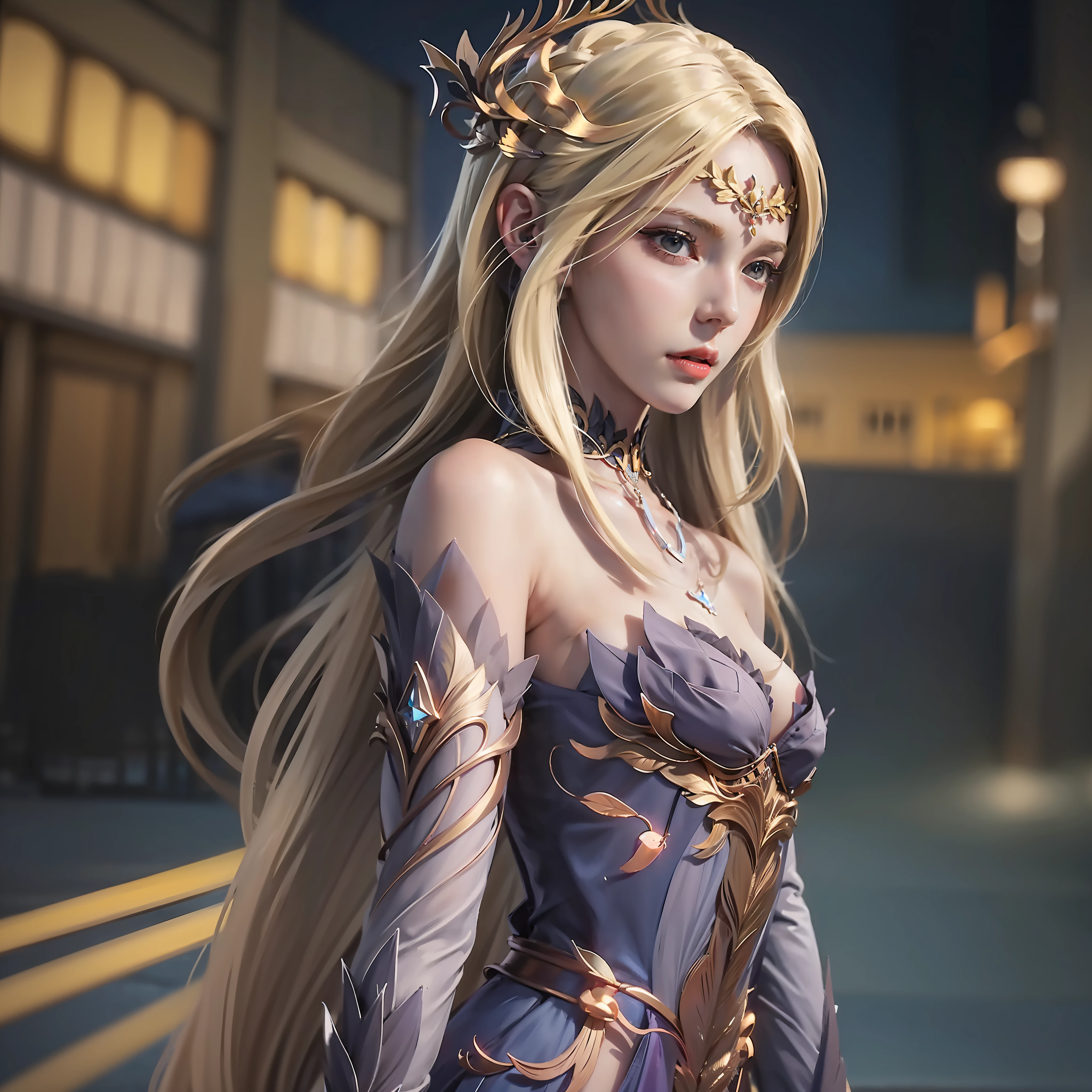 1girll,Hoodie,Blonde hair, Very long hair, cropped shoulders, feathers hair ornament, headphones around their necks, City,Night,Outdoors，8K high-definition ，Long legs