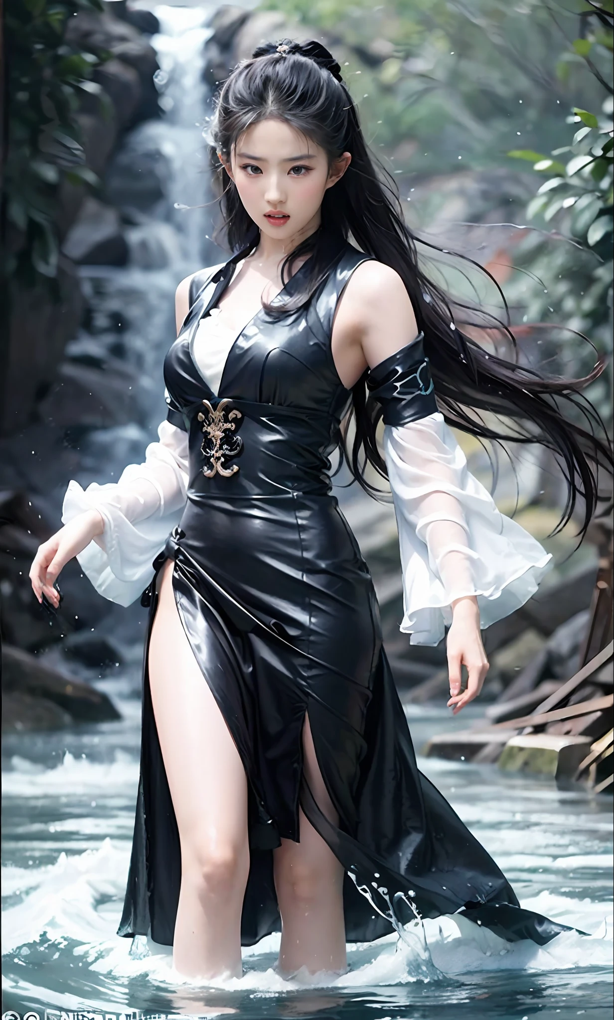 (extremely detailed CG unity 8k wallpaper,masterpiece, best quality, ultra-detailed),(incredible lighting, dynamic camera angle),water sword, blue water splashing,stream, flowing water, beautiful girl with long black hair, elegant wuxia dress,watercolor, 70's retro filter.