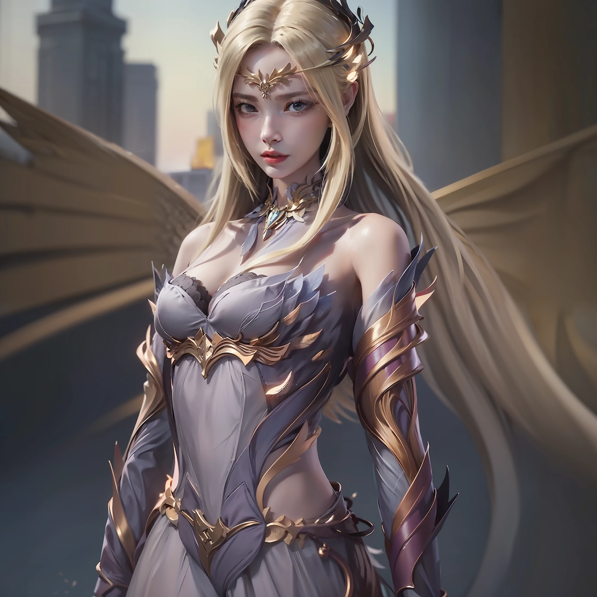 1girll,Hoodie,Blonde hair, Very long hair, cropped shoulders, feathers hair ornament, headphones around their necks, City,Night,Outdoors，8K high-definition ，Long legs，Bigchest，Leaky shoulders，There are angel wings on the back