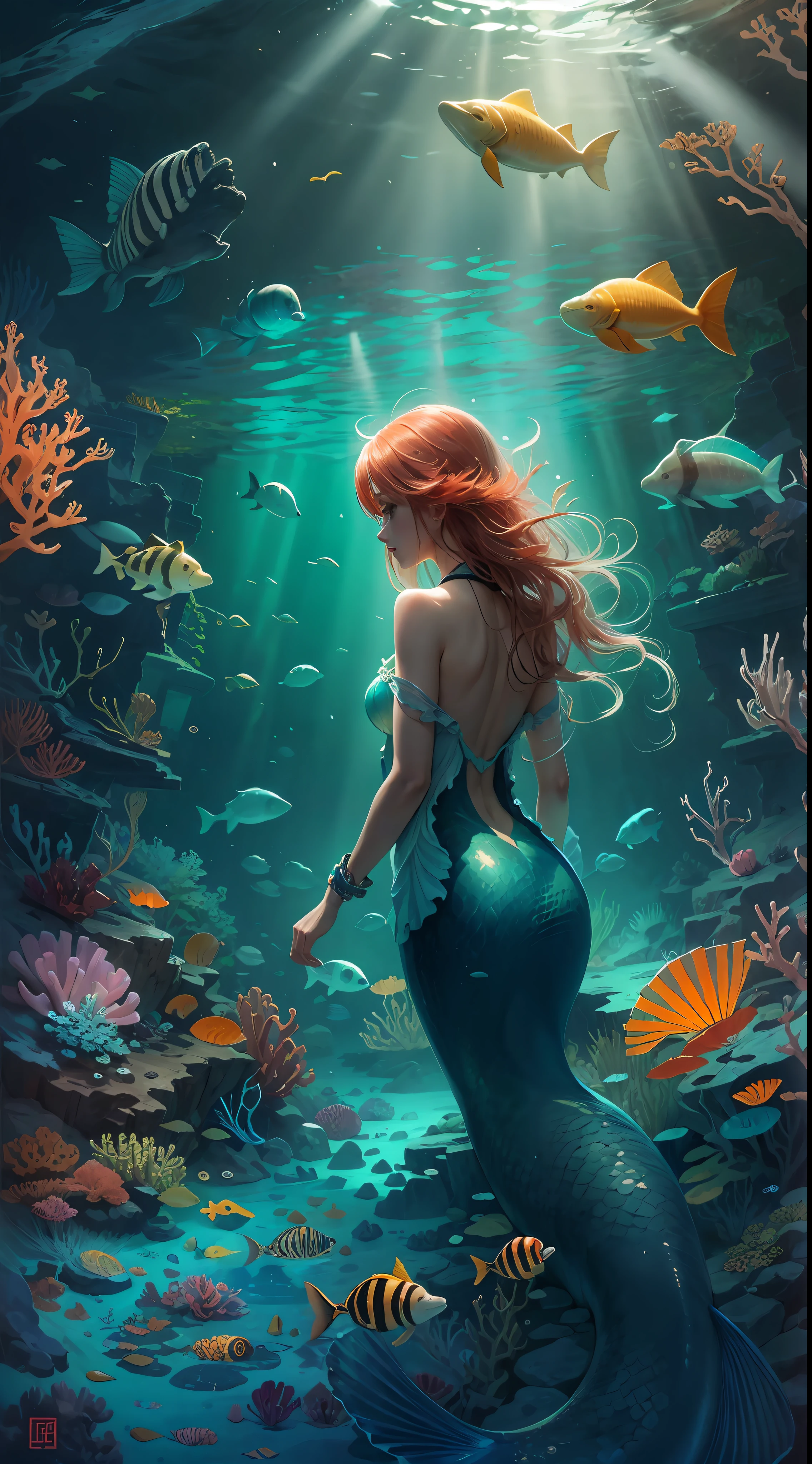 (Best Digital Painting:1.05),Nice mermaid,Explore the depths of the mysterious seabed,Brightly colored coral reefs and exotic creatures and seaweeds,Underwater sunshine,Fascinating。The shipwreck adds mystery,Bring marine life to life。