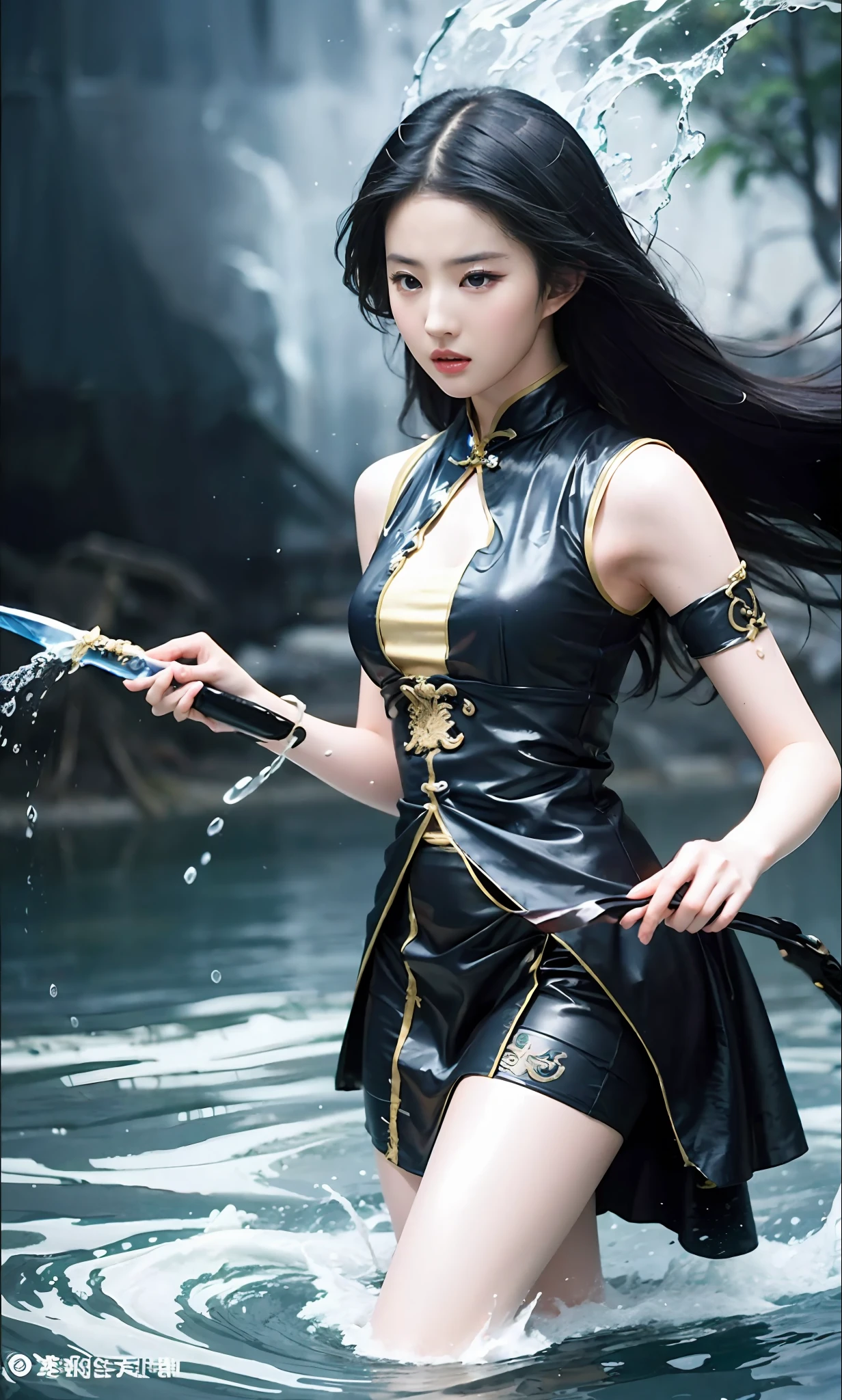 (extremely detailed CG unity 8k wallpaper,masterpiece, best quality, ultra-detailed),(incredible lighting, dynamic camera angle),water sword, blue water splashing,stream, flowing water, beautiful girl with long black hair, elegant wuxia dress,watercolor, 70's retro filter.