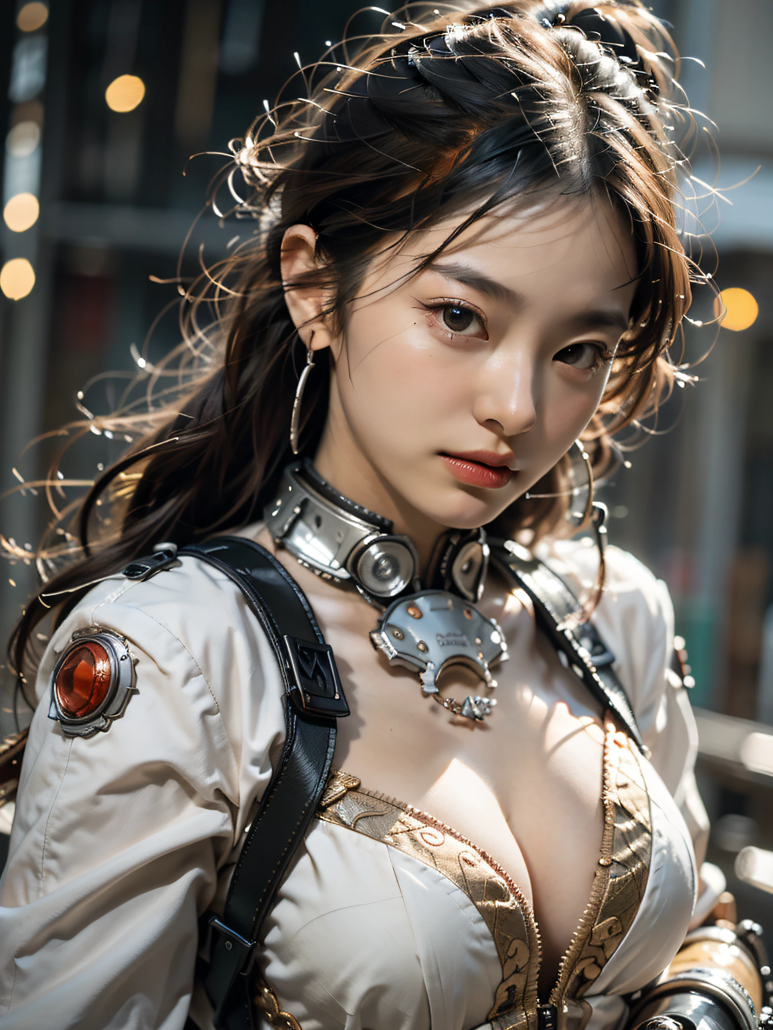 Best quality at best,tmasterpiece,超高分辨率,(真实感:1.4),Detailed details,1girll,Combat posture,cleavage,a beauty girl,Hand-held weapons,mechs,A mechanical,ellegance,Clear focus,gentlesoftlighting,vivd colour,tmasterpiece,