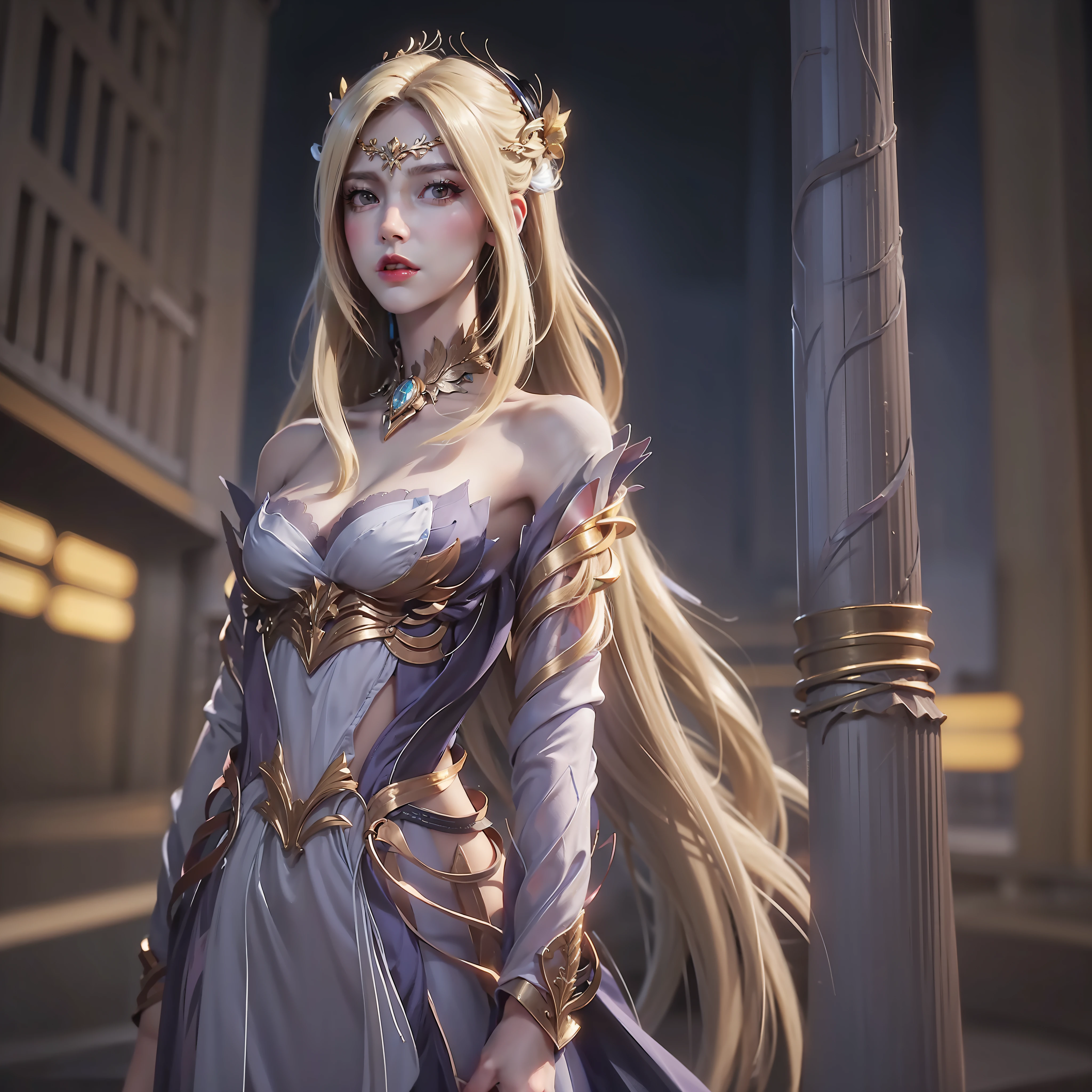 1girll,Hoodie,Blonde hair, Very long hair, cropped shoulders, feathers hair ornament, headphones around their necks, City,Night,Outdoors,8K high-definition ,Long legs