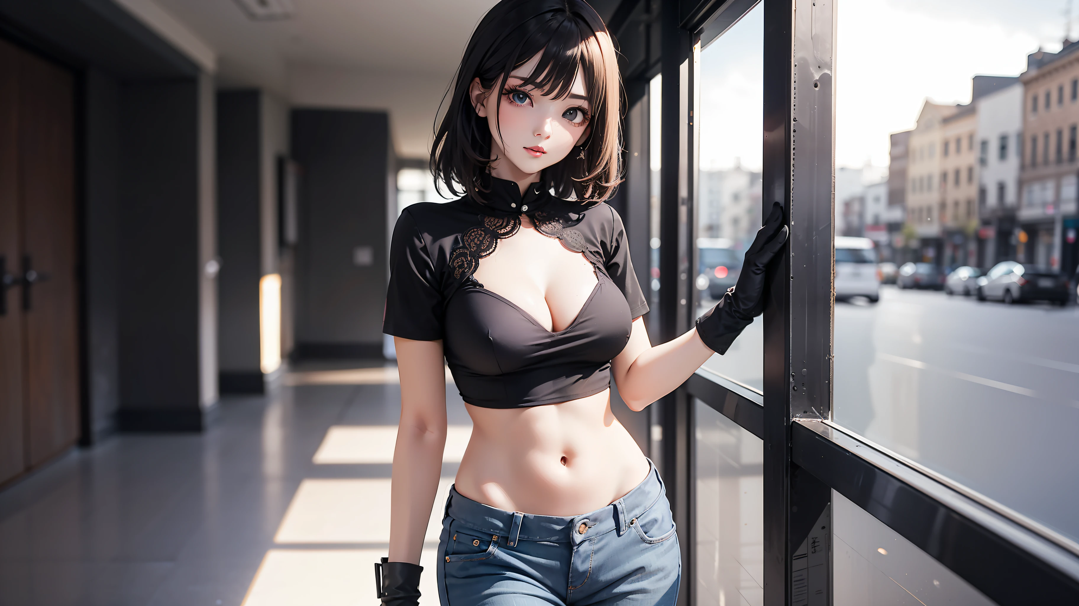 Perfect model,underdressing,shorter pants,black in color,cleanness,a sexy pose,Ultra-clear photos,Low light and shadows,with black background,16:9,pretty eyes,