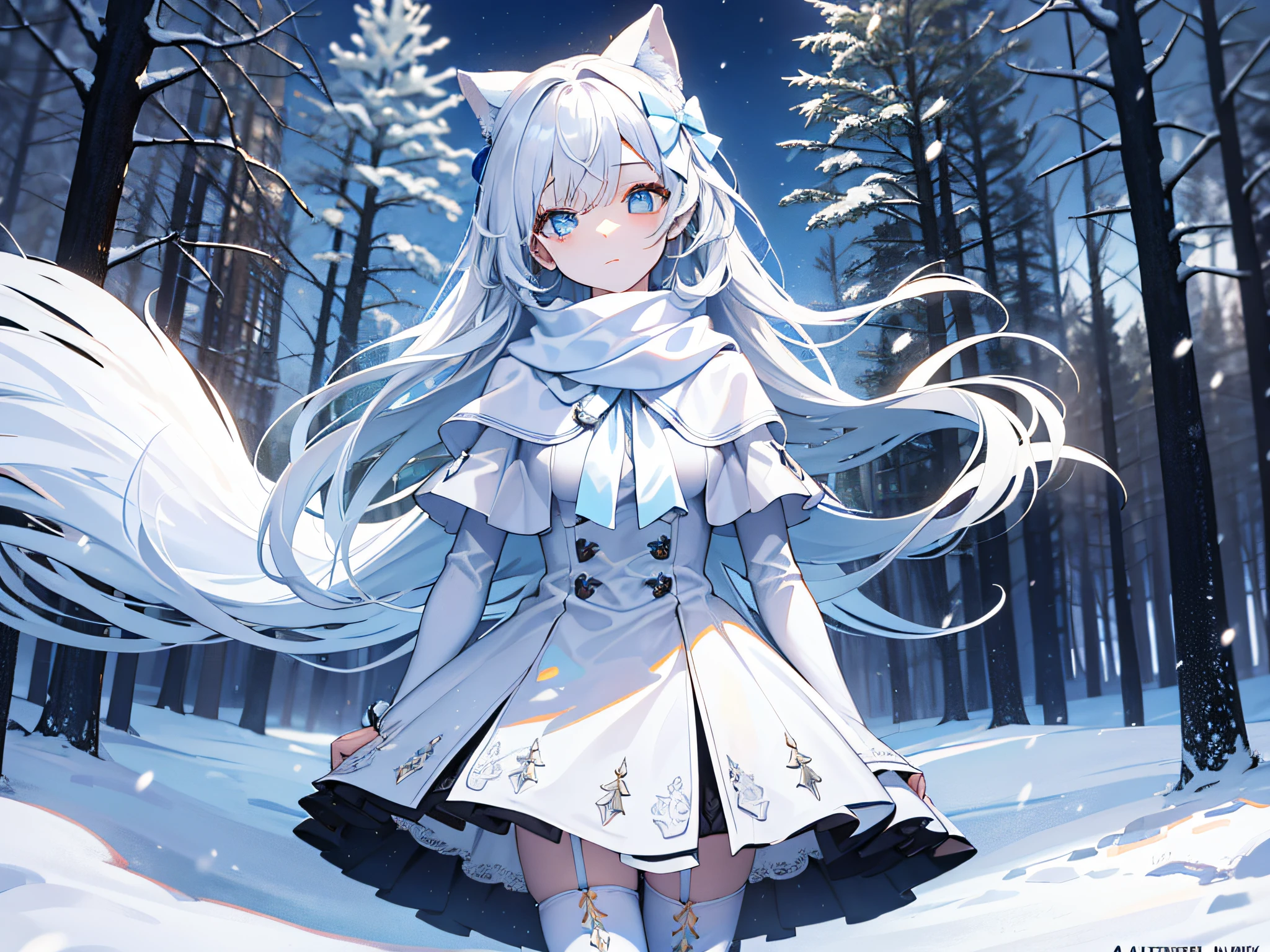 Light blue eyes，Princess cut，whaite hair，White thigh boots，White Gothololita，White over-the-knee stockings，white bows，Full body like，sweeping bangs，half-closed eye，Long white scarf，forested，Night，at winter season，tmasterpiece，4K，Award-winning photos，extremely detaile，finely detailled，Highly detailed woman， girls，Extremely detailed eyes and face，best quailty，Indifferent expression，Standing