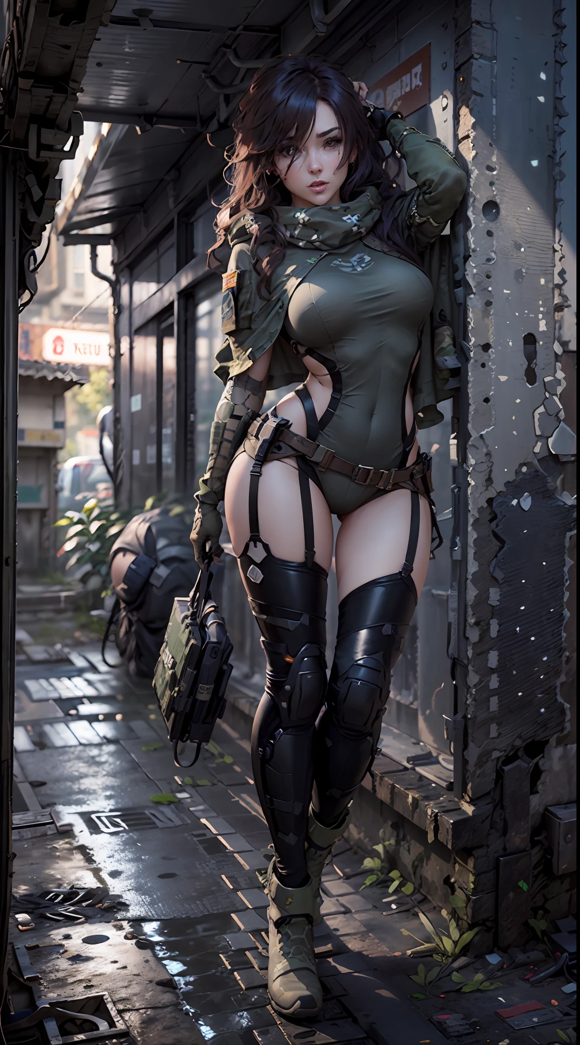 ((beste-Qualit)), ((tmasterpiece)), (higly detailed:1.3), 3d, nice ass, Spetnaz, A woman with thick voluminous hair in (in camouflage_Uniforms:1.1), bodyarmor,cloak , digital (camo: 1.3), HDR (High Dynamic Range), ray traced, NVIDIA RTX, extra high resolution, Unreal 5, Subsurface dispersion, текстурирование PBR, postprocessed, Anisotropic filtering, Depth of field, Maximum clarity and sharpness, Multi-layer Textures, Albedo maps and reflections, Surface shading, Accurate Light-Material Interaction Simulation, Perfectly proportioned, Octane rendering, duotone lighting, Wide aperture, Low ISO, White balance, the rule of thirds, 8K RAW, efficient sub-pixel, sub-pixel convolution,