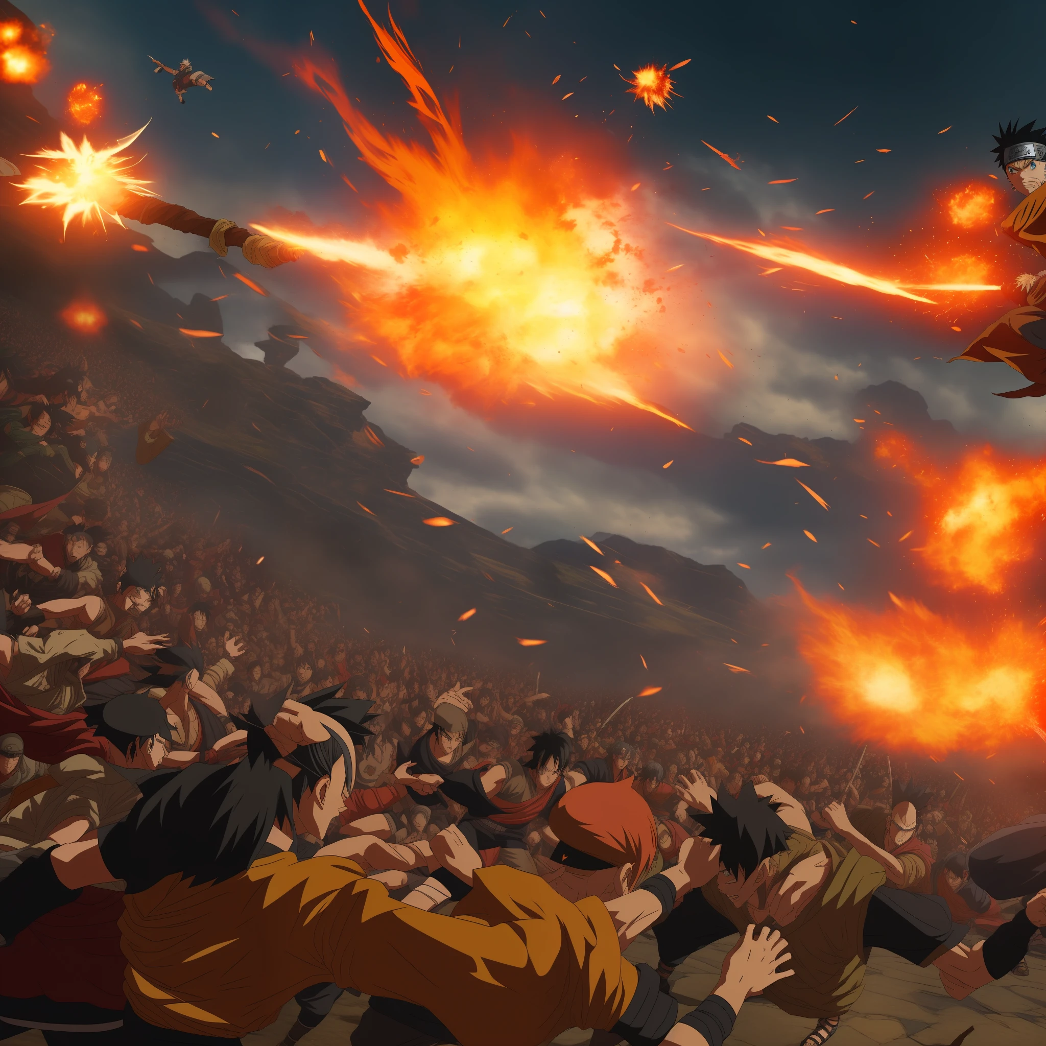 "((best quality)),ultra-detailed CG illustration of Naruto, Luffy, Goku and Saitama challenging 10 Gods in an epic battle of the century. The scene features intense, dramatic lighting, dynamic angles, and a high-resolution visualization of each character's signature fighting style and abilities. The overall atmosphere is explosive, with flying debris, ripples in the air, and the surrounding environment being affected by the energy and power unleashed by our heroes."