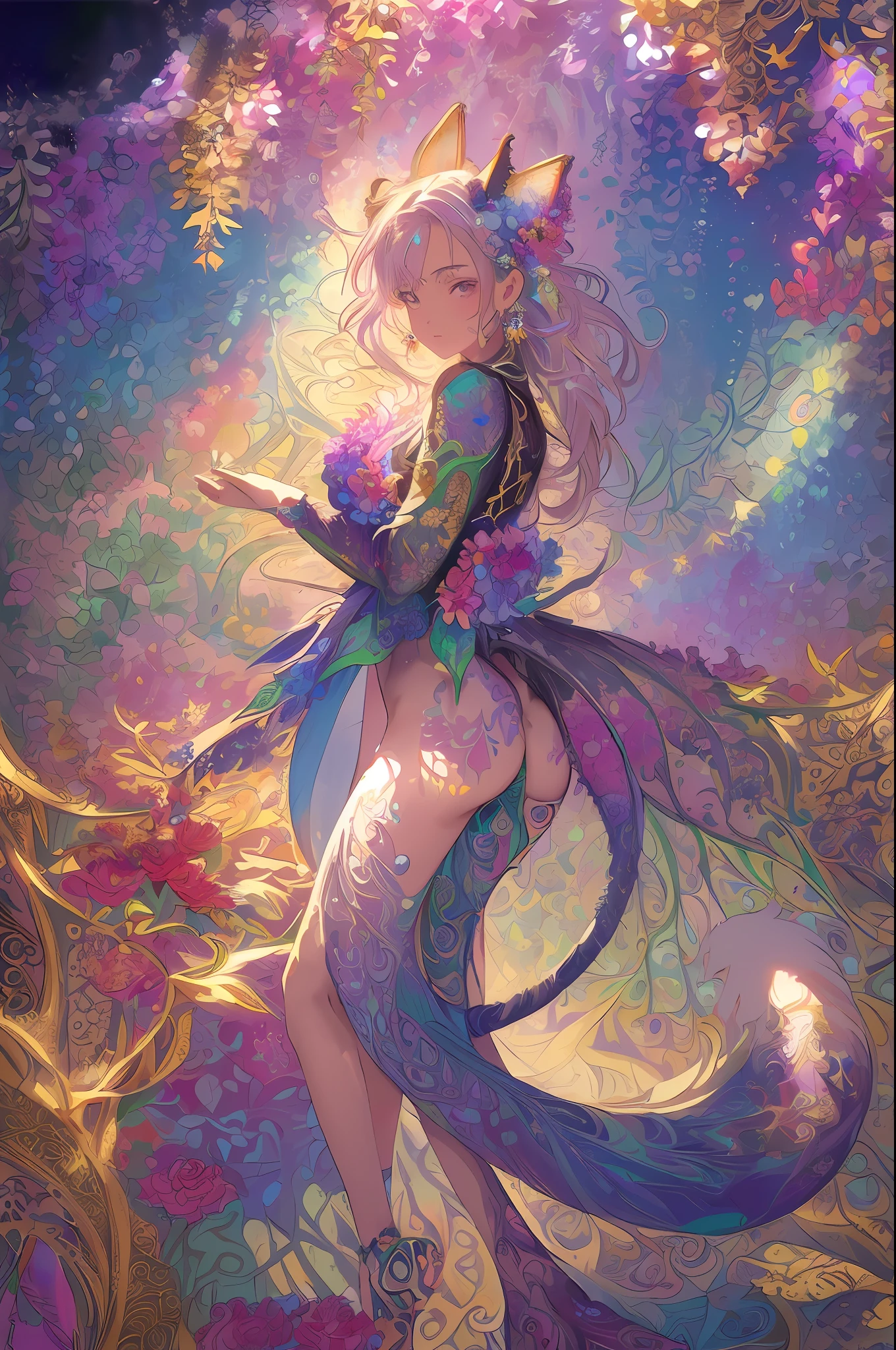 (masterpiece,beautiful and aesthetic:1.2), (1girl:1.3), extremely detailed,(fractal art:1.1),(colorful:1.1)(flowers:1.3),highest detailed,(zentangle:1.2), (dynamic pose), (abstract background:1.3), (shiny skin), (many colors:1.4),(earrings), (tail of light :1.5),ivy frame,