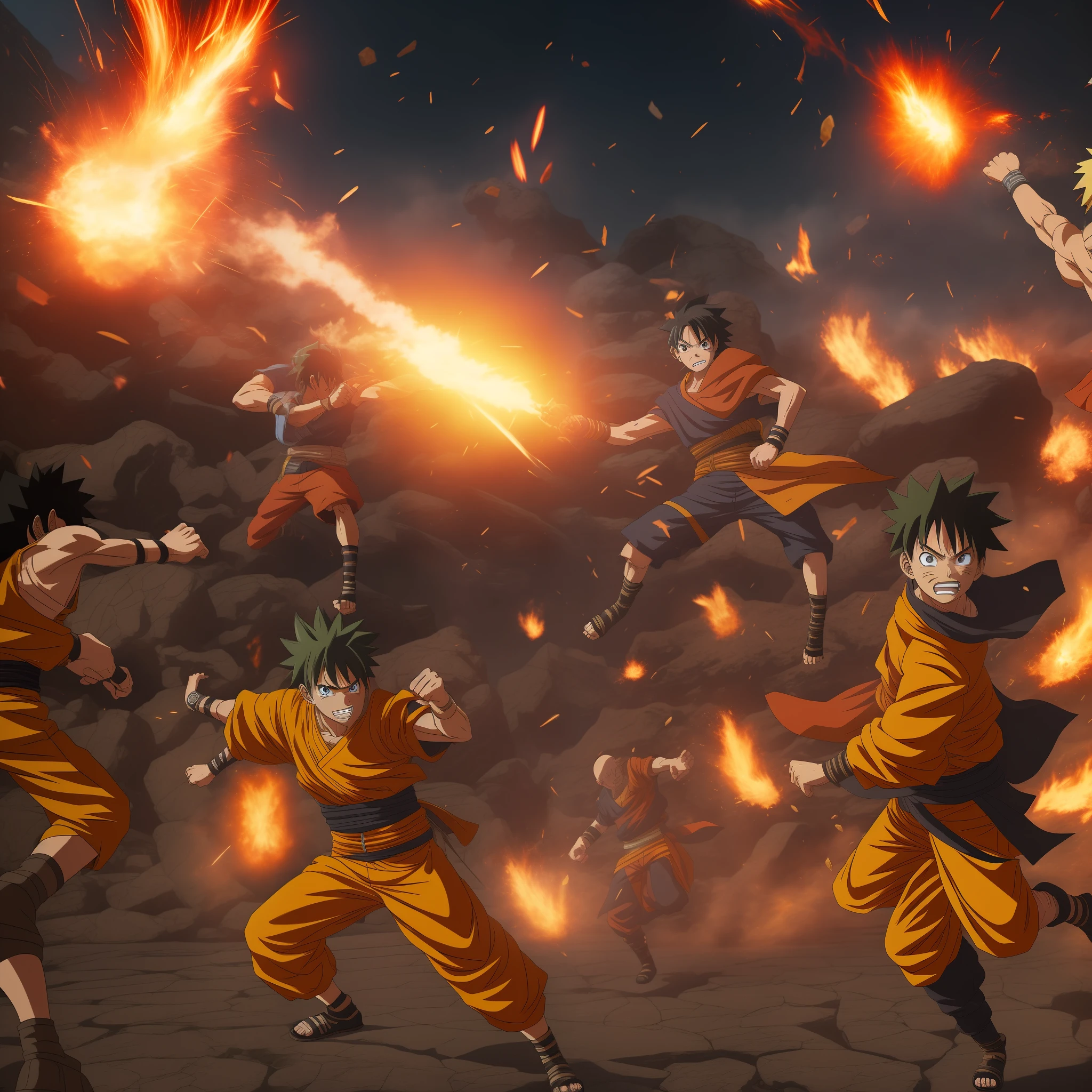 "((best quality)),ultra-detailed CG illustration of Naruto, Luffy, Goku and Saitama challenging 10 Gods in an epic battle of the century. The scene features intense, dramatic lighting, dynamic angles, and a high-resolution visualization of each character's signature fighting style and abilities. The overall atmosphere is explosive, with flying debris, ripples in the air, and the surrounding environment being affected by the energy and power unleashed by our heroes."