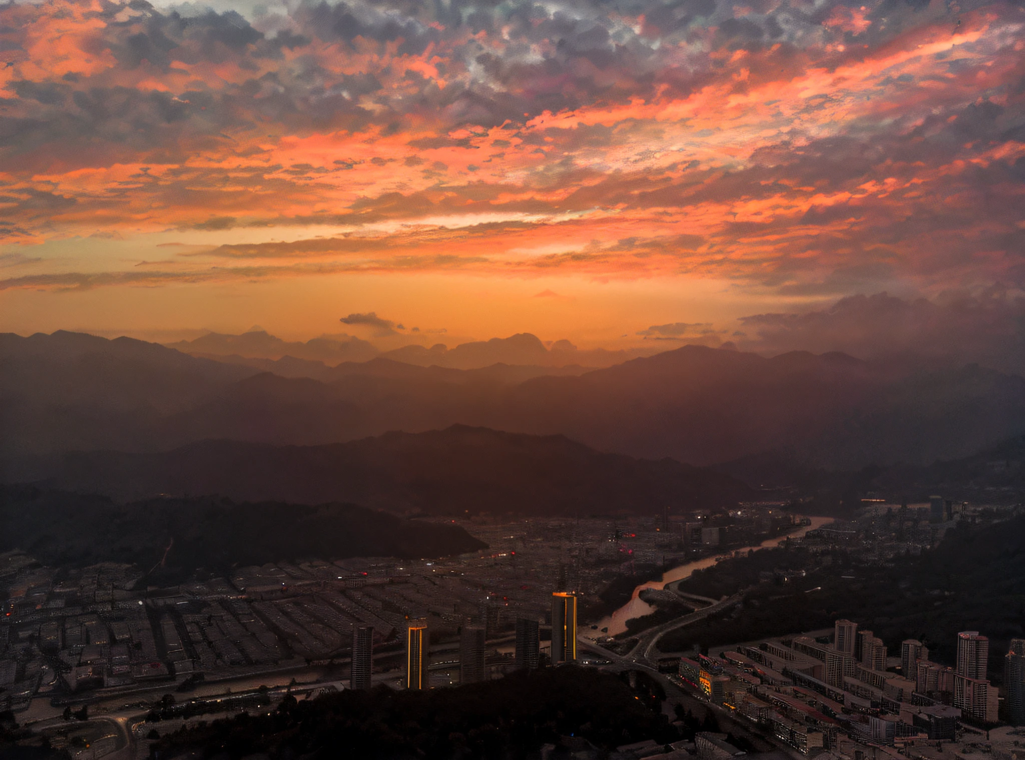 Sunset over the city with rivers and mountains as a backdrop, dramatic sunset and dramatic sky, vista of a city at sunset, Moody sunsets and dramatic skies, Aerial Photography, sunset with cloudy skies, Hazy sunsets with dramatic clouds, city twilight landscape, mountains and colorful sunset!!, 4k drone photography, taken with canon eos 5 d mark iv, perspective shot from the sky