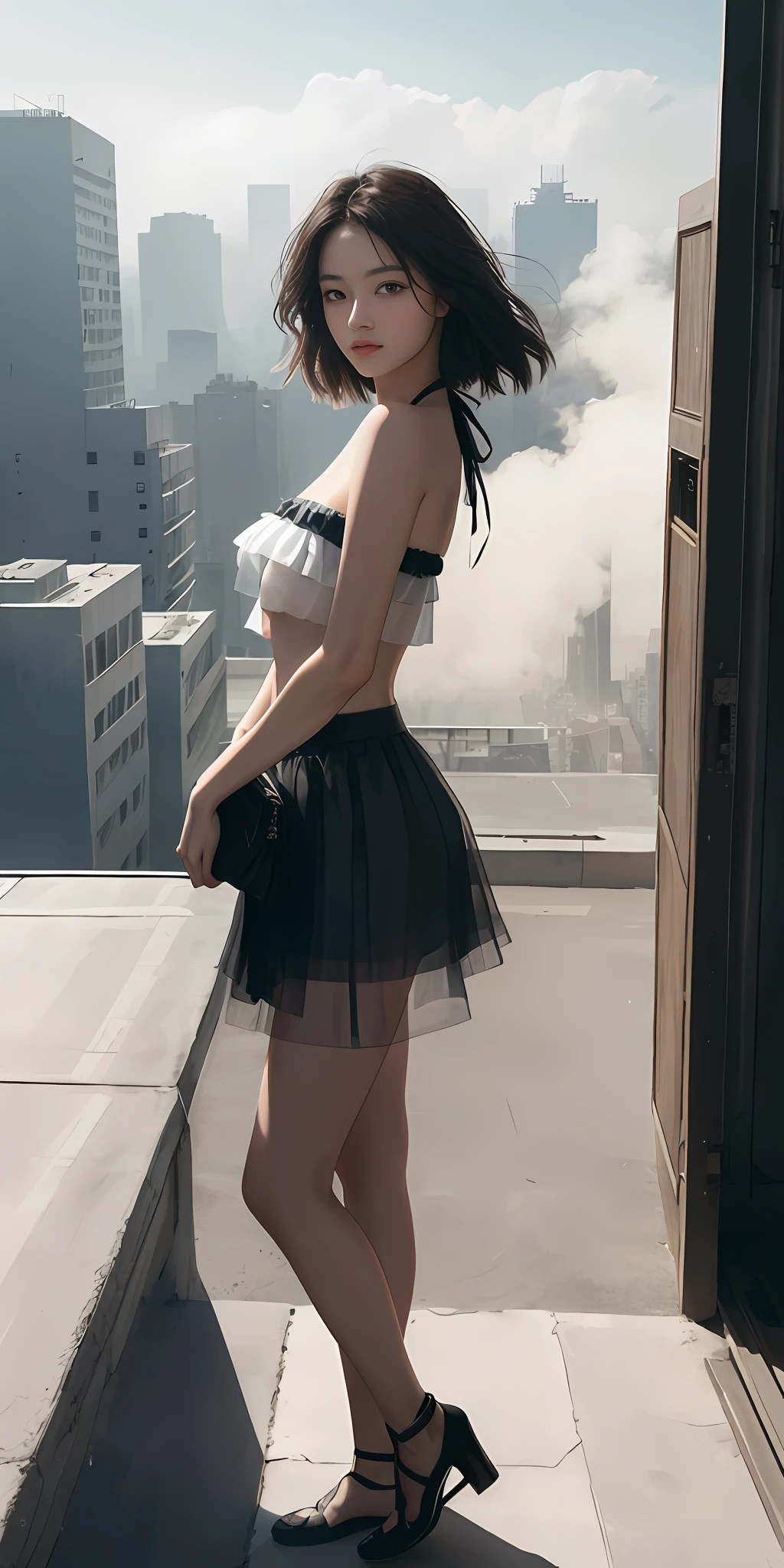(1girl:1.3), 独奏, (((very vey very detailed face))),((very detailed eyes and faces))),beatiful detailed eyes,Body parts__,offcial art,Unified 8k wallpaper,ultra-detailliert,Beautiful and beautiful,big breasts beautiful,tmasterpiece,best qualtiy,primitive,tmasterpiece,ultra fine photos,best qualtiy,超高分辨率,photorealistic realism,rays of sunshine,full-body portraits,stunningly beautiful,,dynamicposes,delicated face,vibrant eyes,(from the front side), She wears a transparent bandeau,no-bra,Superskirt,Very detailed city roof background, Roof,looking over city,详细的脸,detailed complex busy background,untidy,opulent,milkyW,highly detailedskin,Realistic details of skin,Visible pores,Clear focus,volume fog,8k uhd,digital SLR camera,high qulity,filmgrain,White skin of the,huge tit,Expose most of your breasts,photo-realism,lomography,A huge metropolis of the dystopia of the future, semi transparent