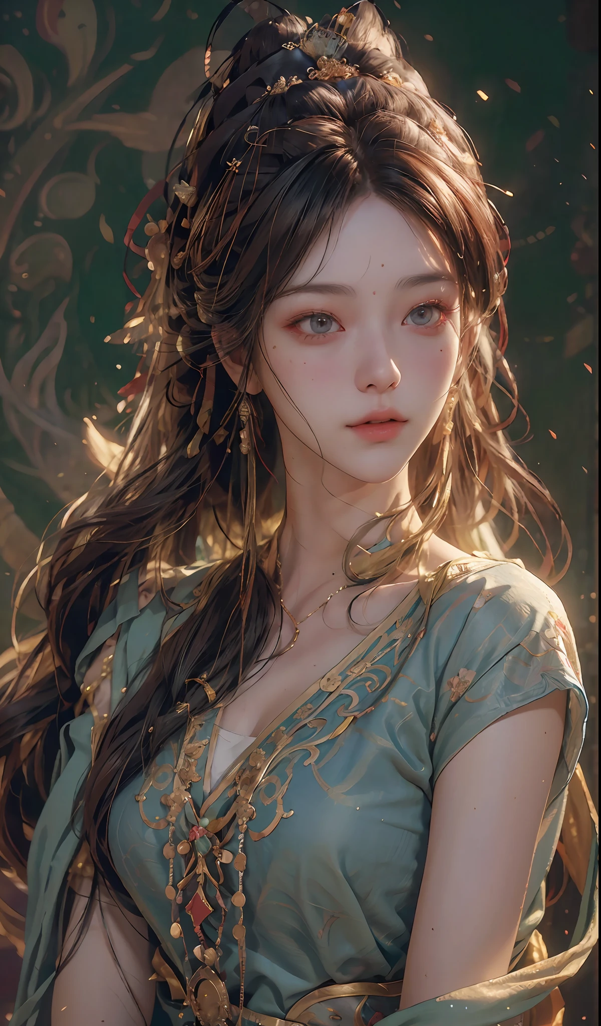 (RAW photo, best quality), (realistic, photo-realistic:1.3),best quality,highly detailed,masterpiece,ultra-detailed,illustration,1girl,upper_body,dynamic angle,world masterpiece theater,messy_long_hair,best quality,extremely detailed CG unity 8k wallpaper,ink,Amazing,cinematic lighting,lens_flare, dunhuang_style