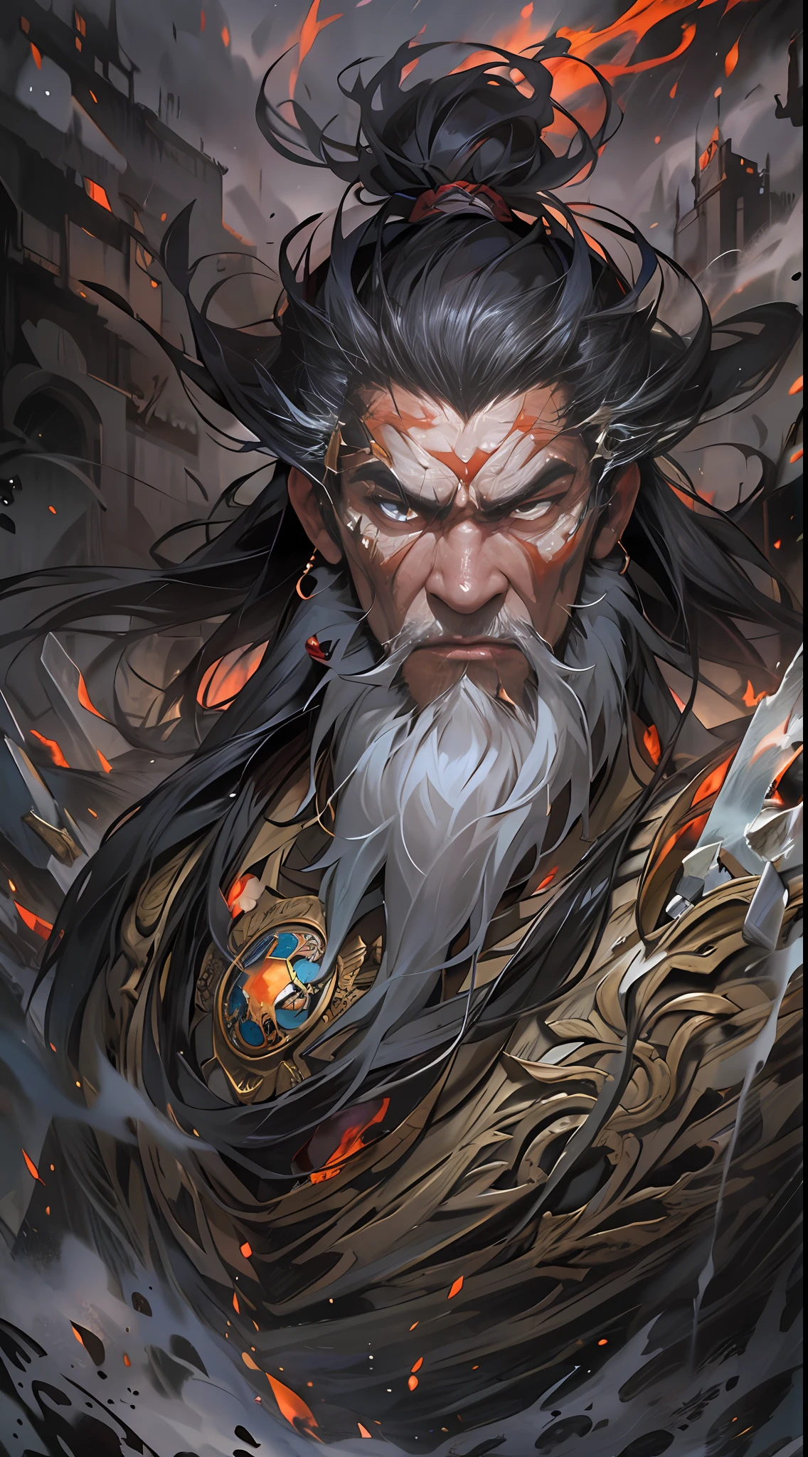 Li Gu bravely faces the self-destruct challenge of the giant evil spirit, his body severely scorched, but he is still alive. There is a look of determination and pain on his face, surrounded by a heroic aura, , 32k, best quality, masterpiece, super detail, high details,