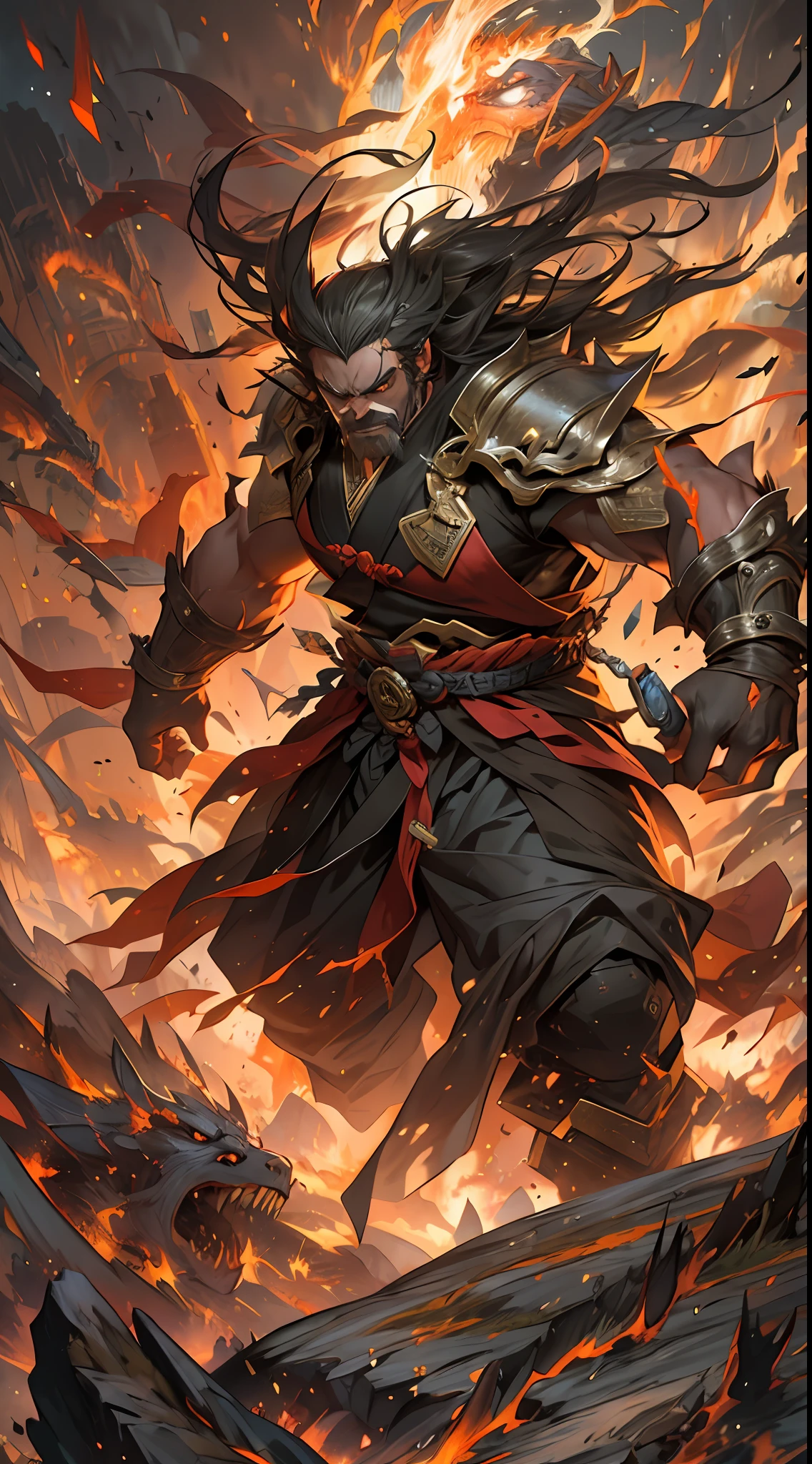 Li Gu bravely faces the self-destruct challenge of the giant evil spirit, his body severely scorched, but he is still alive. There is a look of determination and pain on his face, surrounded by a heroic aura, , 32k, best quality, masterpiece, super detail, high details,