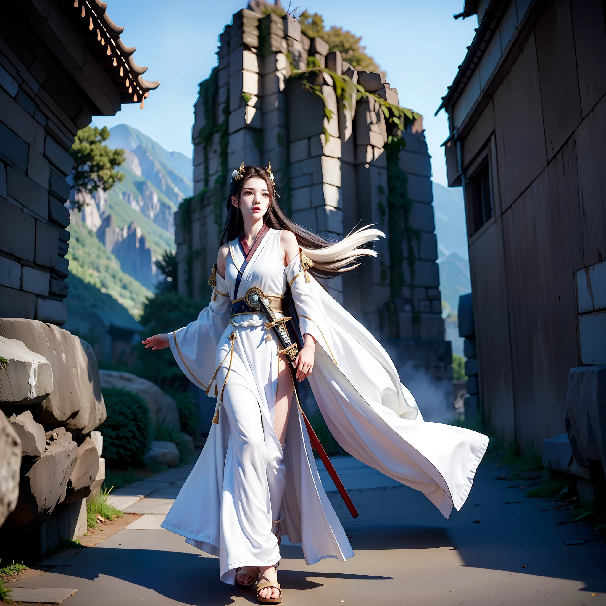 swordsmen，White robe white，long whitr hair，ancient buildings，deep mountain，