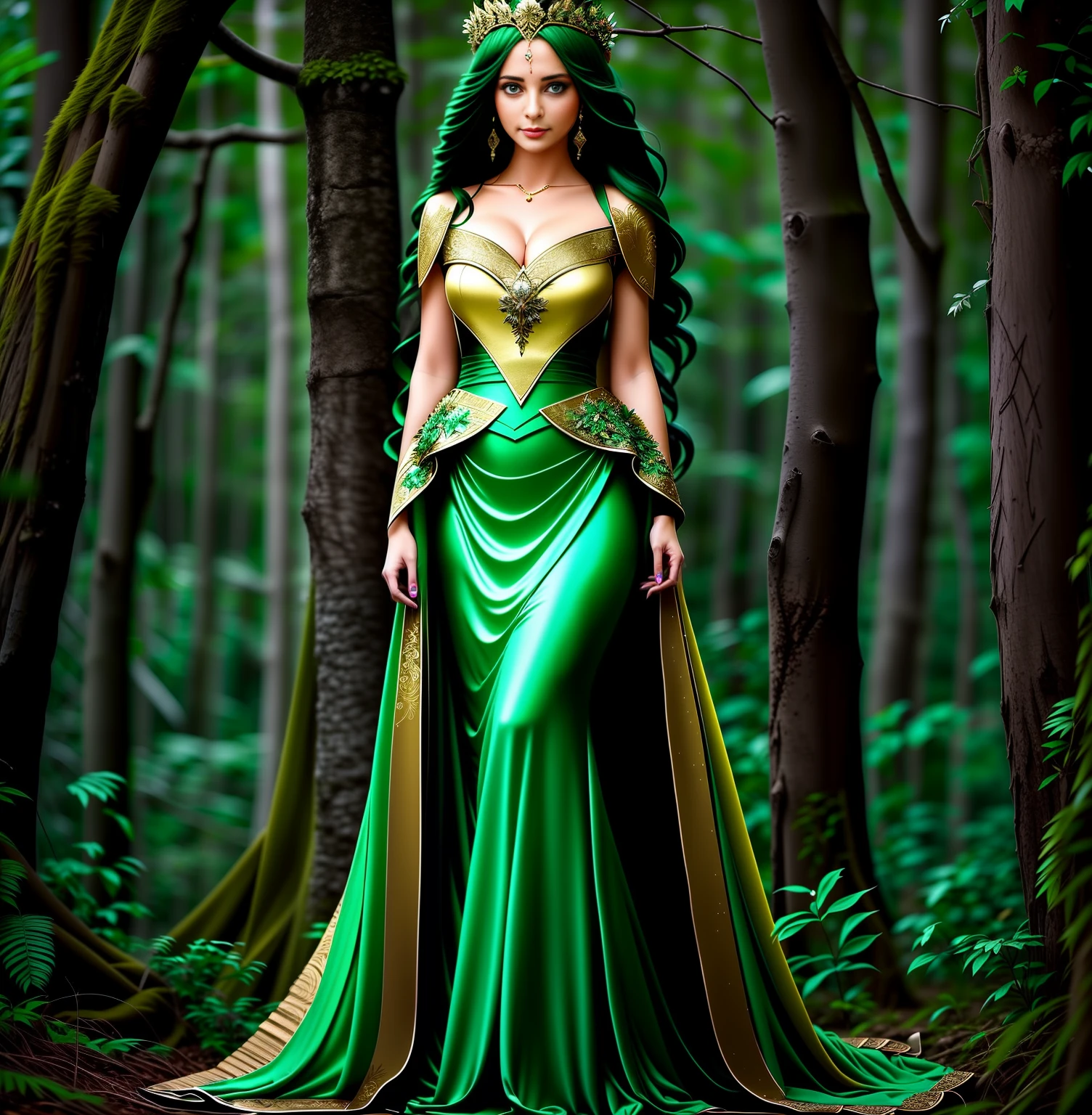 Mulher arafed em um vestido verde em uma floresta, Deusa da Floresta, Rainha da Floresta, fey queen of the summer forest, Deusa da Natureza, Rainha da Natureza, Dryad in the forest, Dryad elegante e bonita, deusa da natureza, Sacerdotisa elfa, Mitologia da Deusa da Terra, Rainha elfa bonita e elegante, muito bonito elven top model