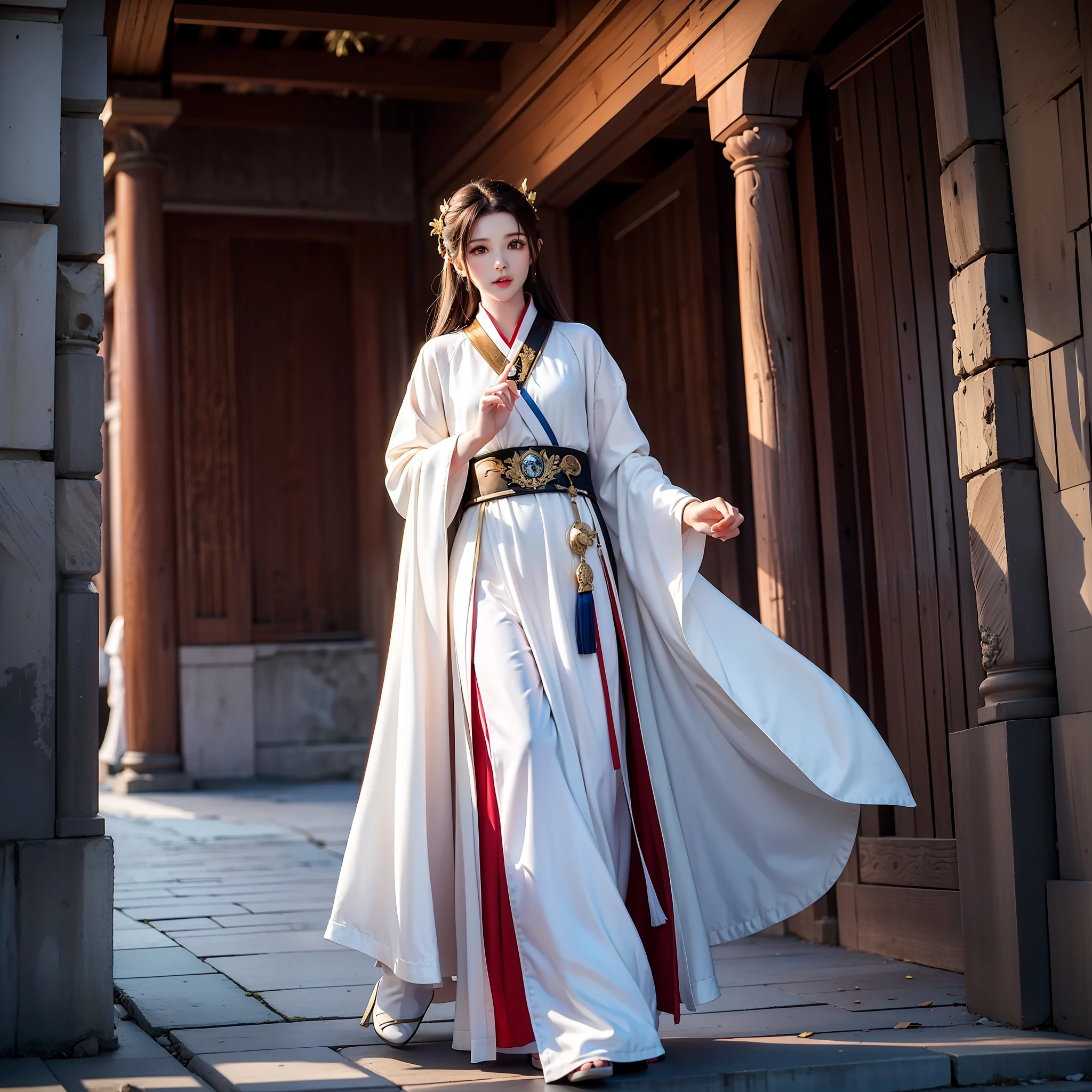 swordsmen,White robe white,long whitr hair,ancient buildings,deep mountain,