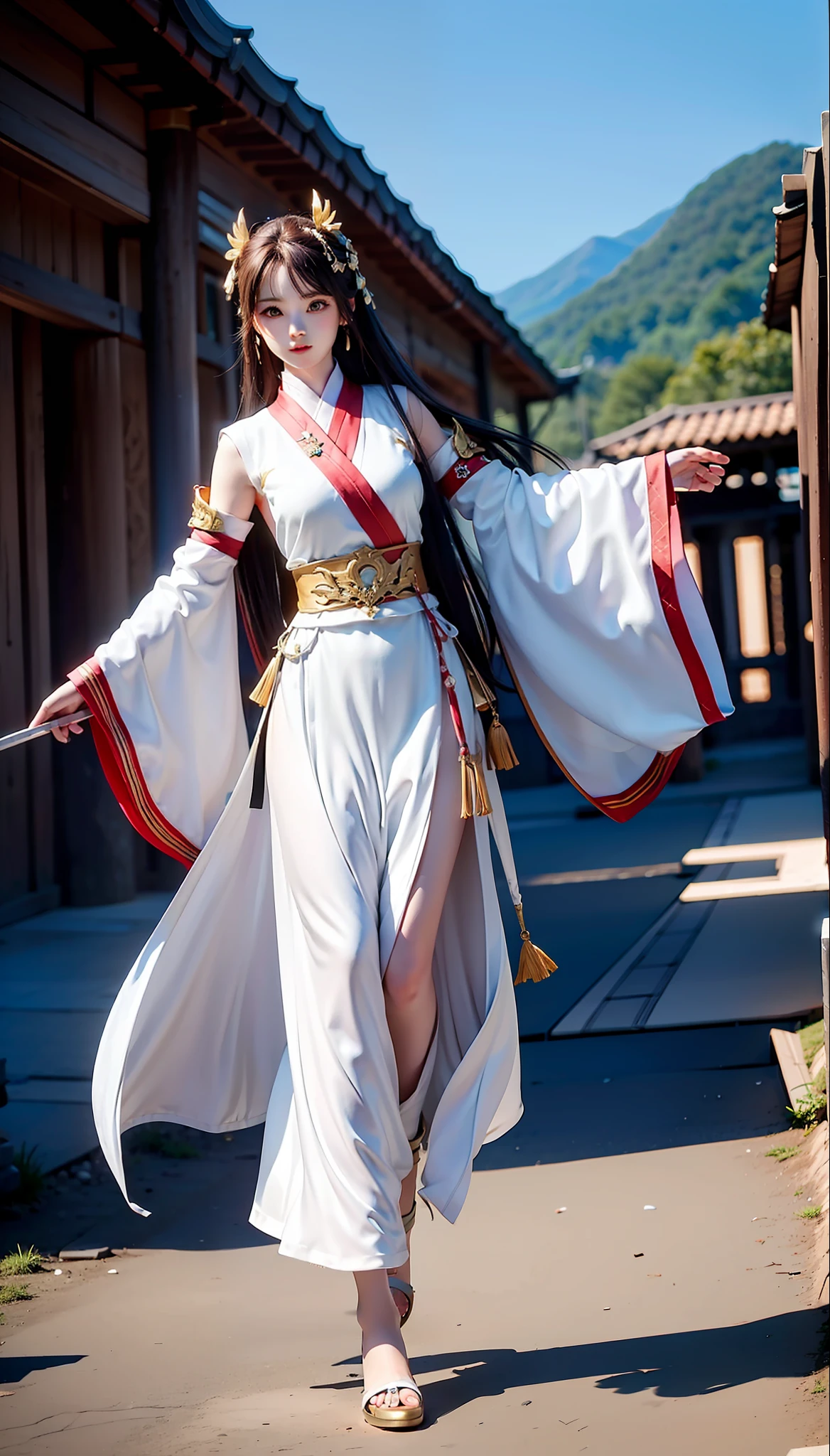 swordsmen，Hakuba，White robe white，long whitr hair，ancient buildings，deep mountain，Tall and tall，Slender physique，Full body photo
