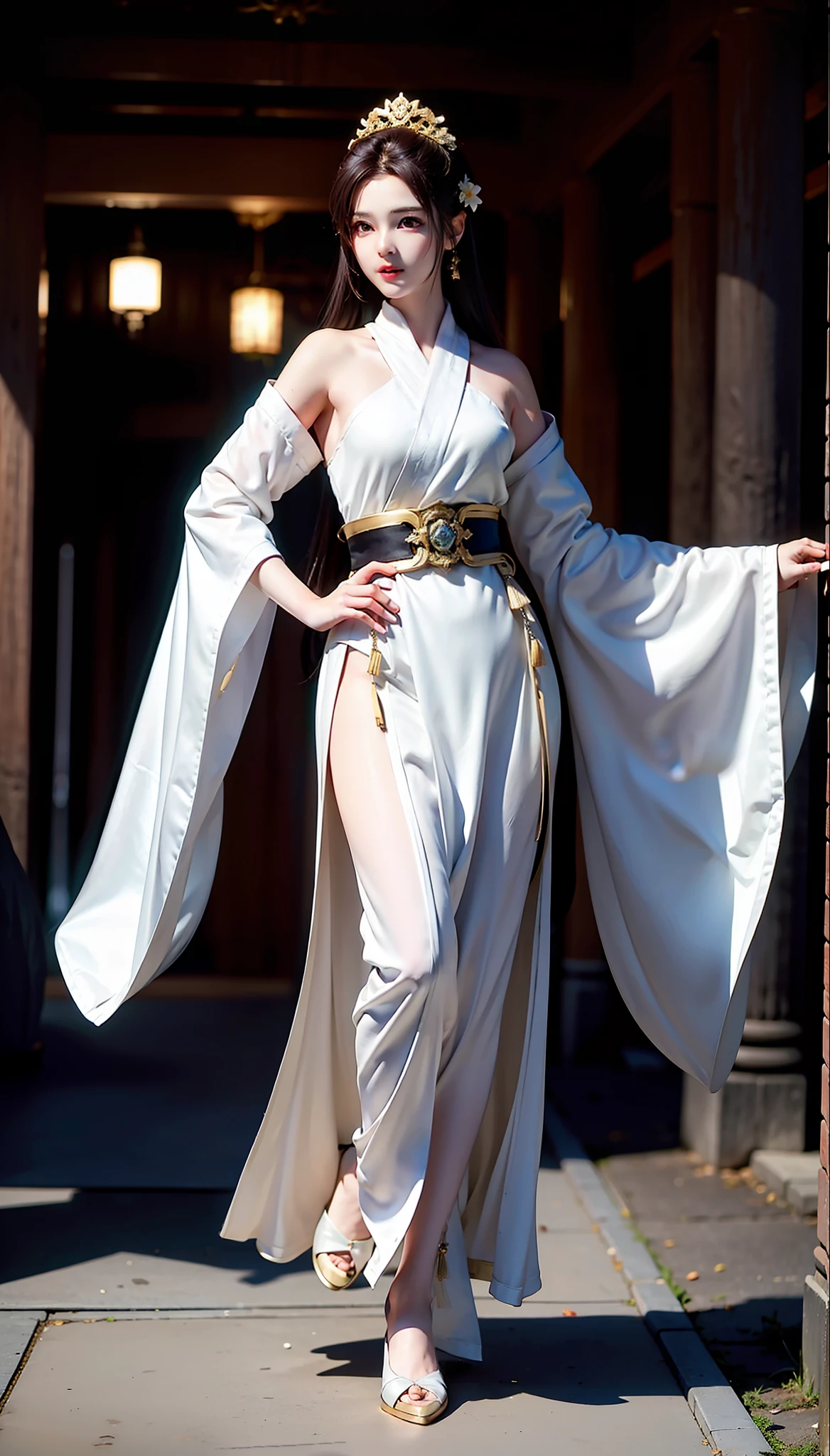 swordsmen,Hakuba,White robe white,long whitr hair,ancient buildings,deep mountain,Tall and tall,Slender physique,Full body photo