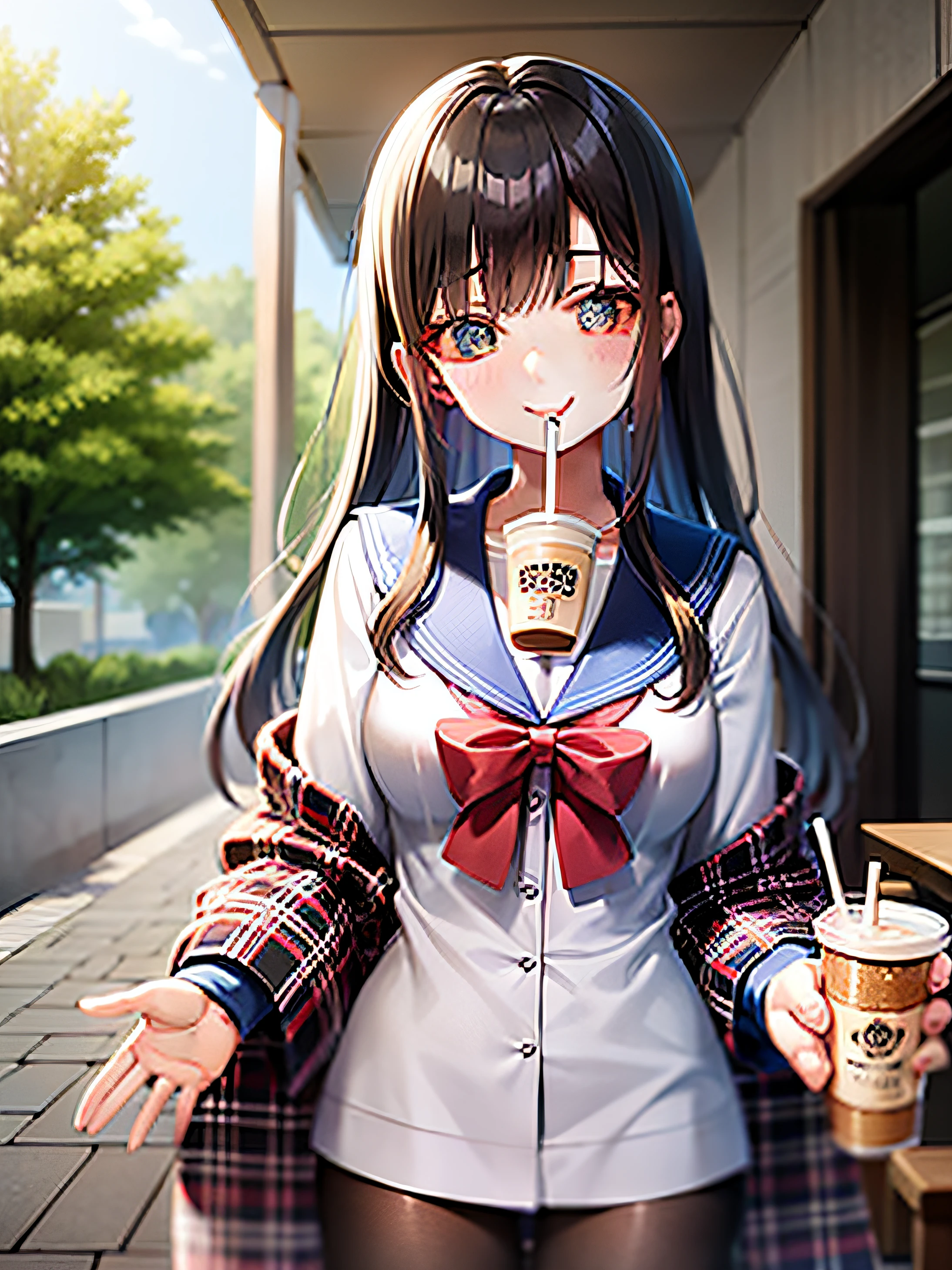 high school girl,it's lovely,height of 165cm,ssmile,JK,In sailor suit,Holding a cup of milk tea in both hands,Shawl hair,Wearing a hair hole,Bust photo