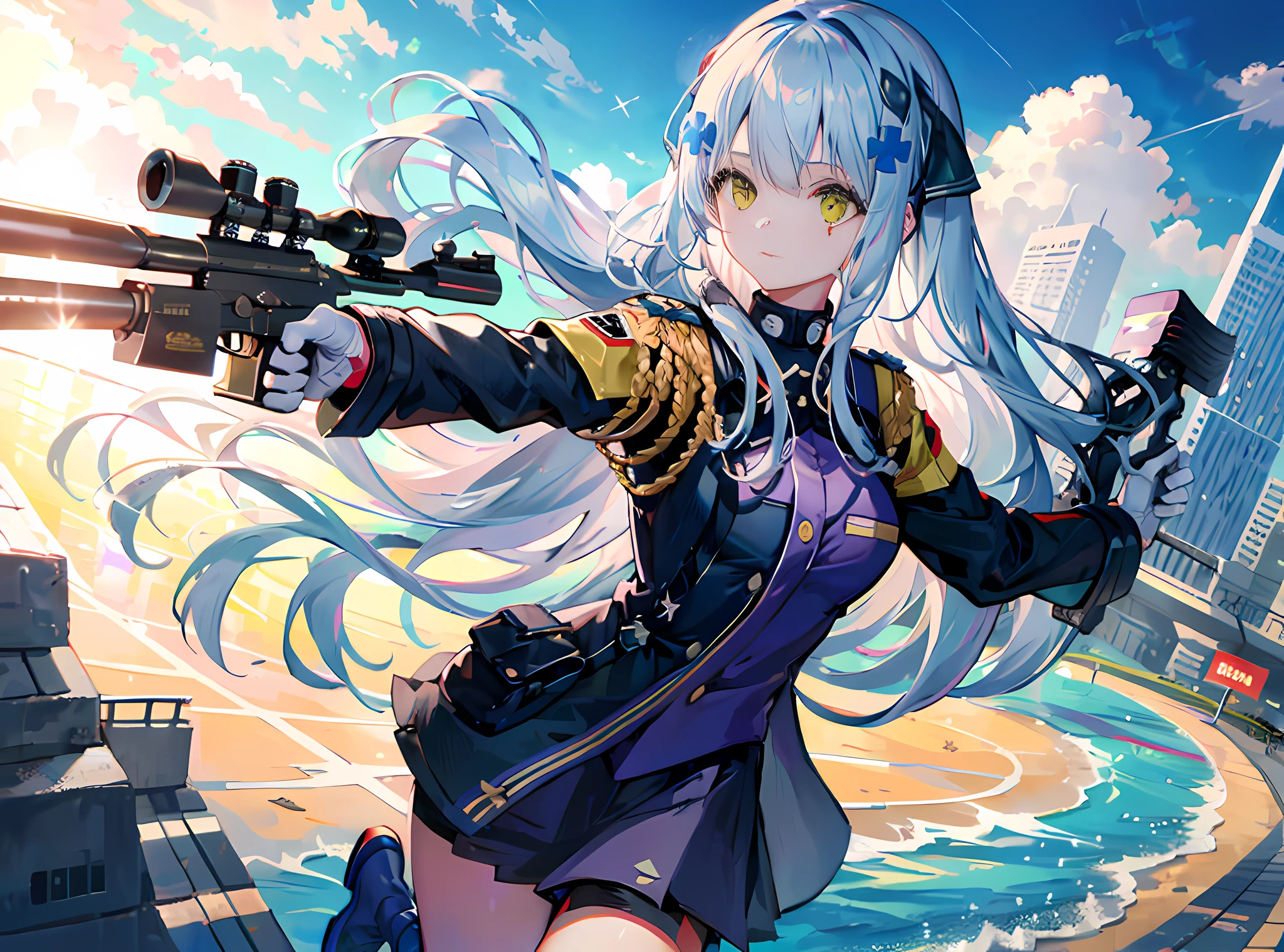 1 girl,masterpiece,best quality, lens flare, depth of field, (close-up:1.3), (wide shot, fisheye:0.85), facefocus, 1girl ,standing, ((light blue long hair), uniform, (holding weapon, holding rifle,aiming,aim:1.2), gun, h&k hk416, carbine, open fire, firing, sunny,blue sky,cloudy sky,city,street,road sign, skyscraper,