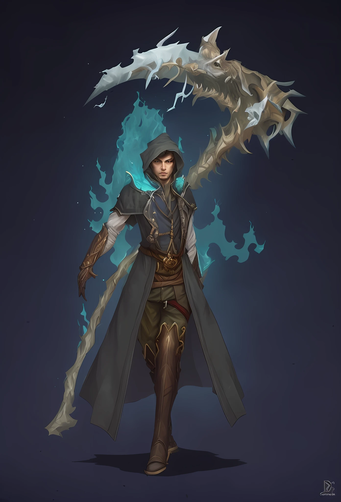 um desenho de um homem com uma foice grande segurando uma foice grande, pintado no estilo arcano, arte conceitual arcana, Arcane, Netflix, personagem de fantasia complexa, estilo de arte arcano, Vencedor do concurso de design de personagens, Epic Mage Man character, Fantasia D&Personagem D, design de personagens de fantasia, design de personagens de d & d, epic exquisite character art, roupas vermelhas, cabelos longos na altura dos ombros, ppsw de luta, duas pernas.
