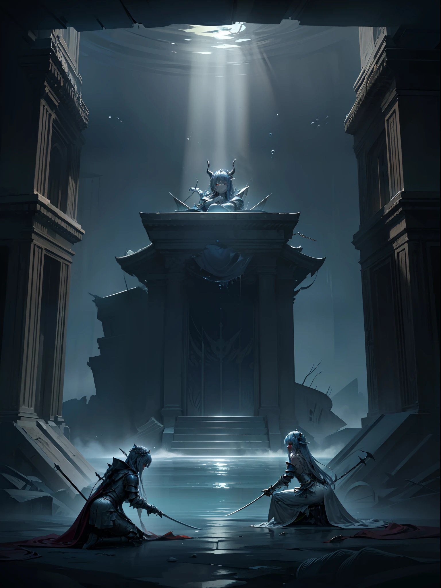 The highest image quality、​masterpiece、超A high resolution、Inside the underwater temple、((Empty Throne:1.2))、(Fishman in kneeling scale armor)、collapse、abyssal、Water comes in through cracks in the walls、Deep-sea fish、Countless swords and arrows stuck in the wall