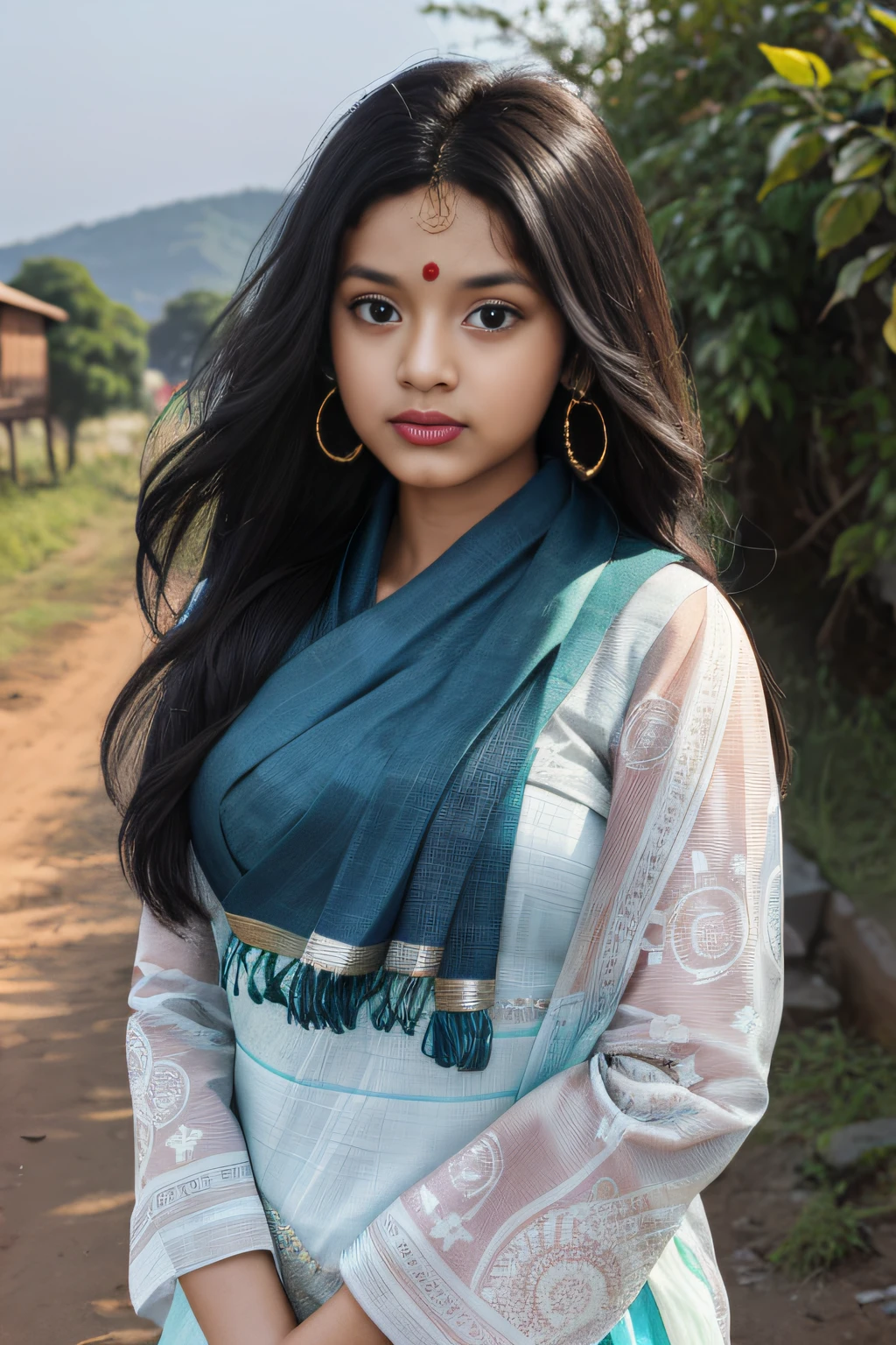 masterpiece, ultra detailed, hindi woman, india, wearing traditional hindi attire, wearing sari, long hair, windy, wearing, background is rural area, (night:1.2), detailed shadow, detailed face textures