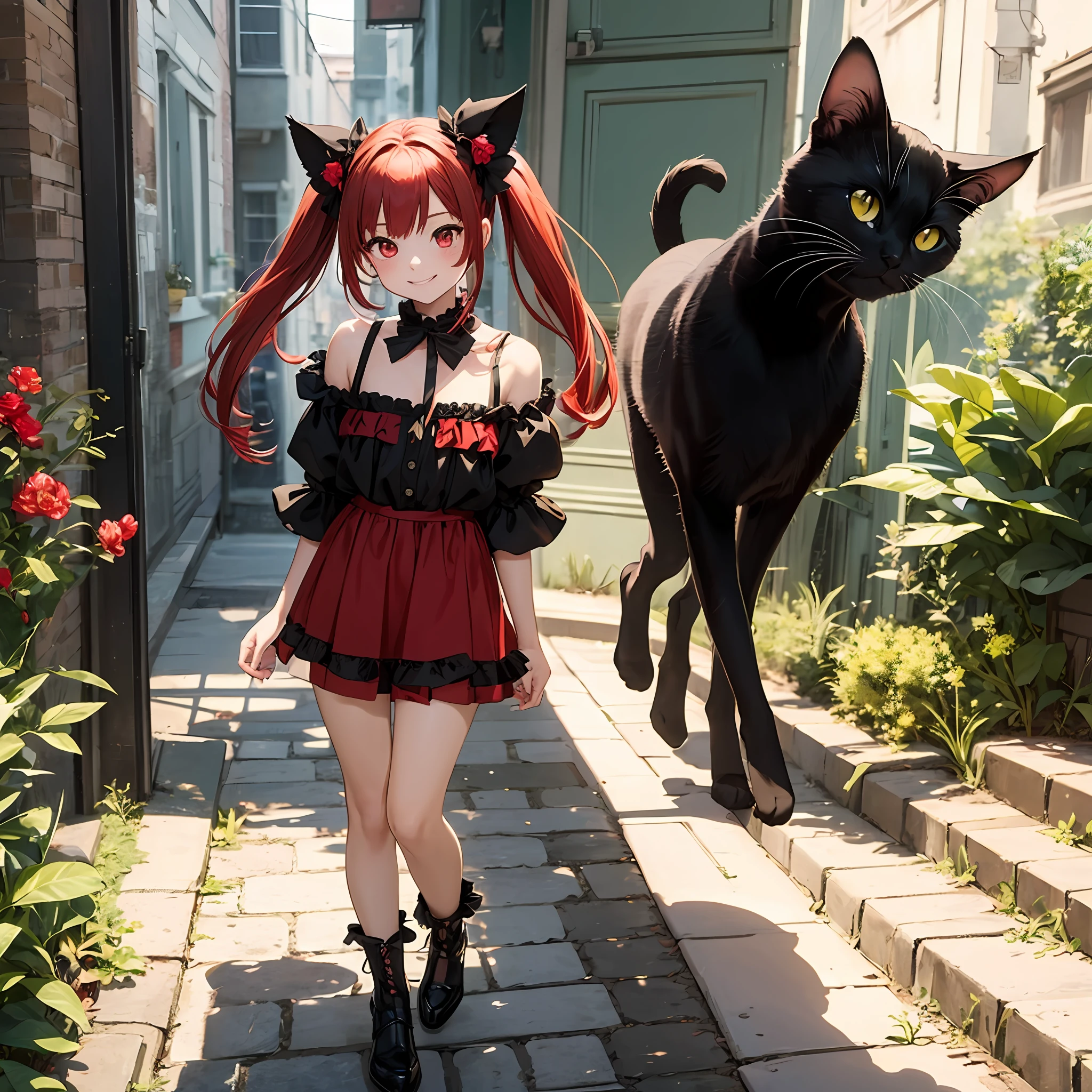 Anime filling,Two-dimensional illustration,Red hair,Half Twin Tail,shorth hair,Big eyes,A smile,a beauty girl,cute little,Super Cute,Black cat ears,Red Eyes,Ruffled Clothes,Black lace clothes,Inner colorGreen,One girl,Full body painting,A masterpiece of 2D art --auto