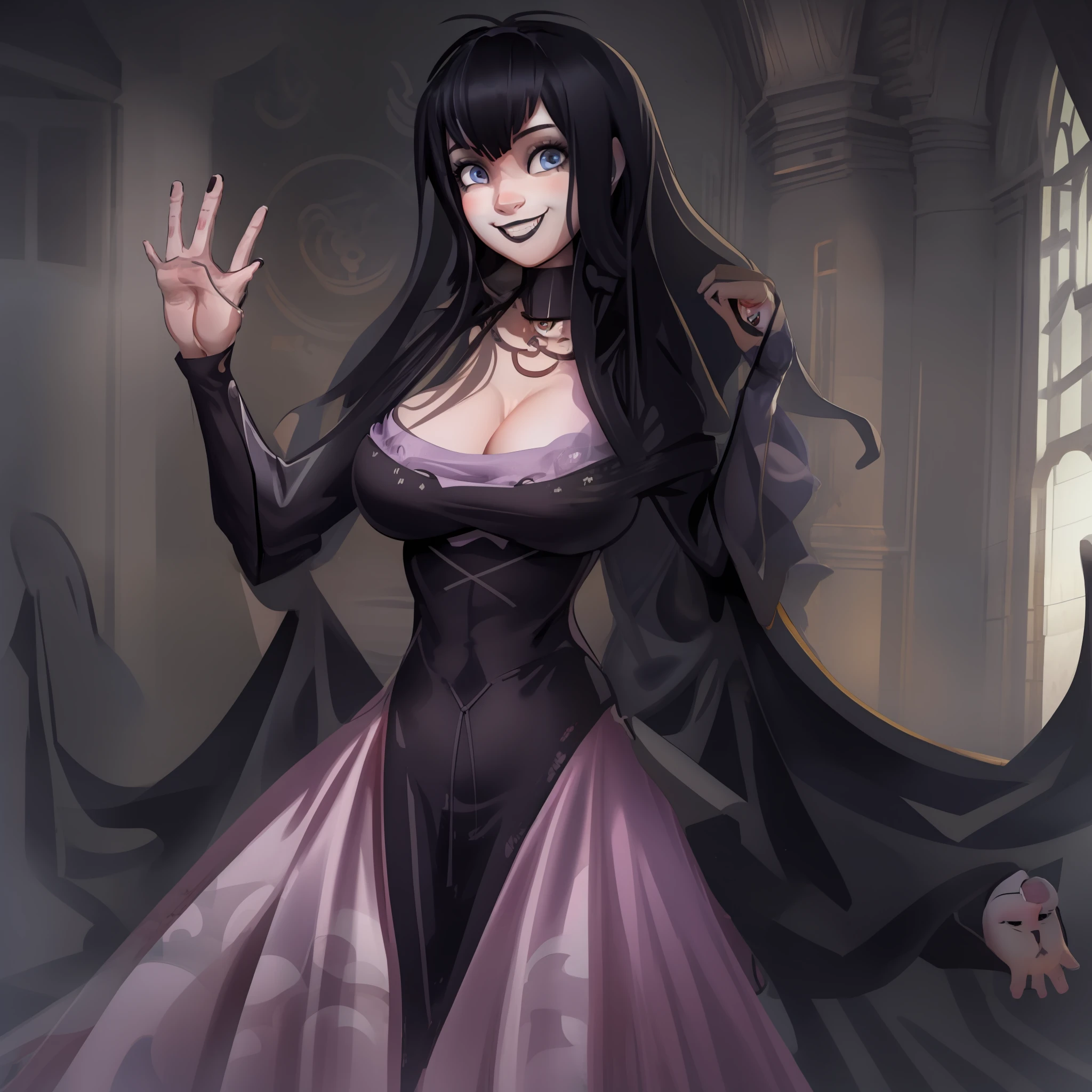 Mavis_dracula, full body, pantyhose, huge breast, pants, goth, long dress, black hair, flip flips, smile, long robe, skirt, victorian clothing