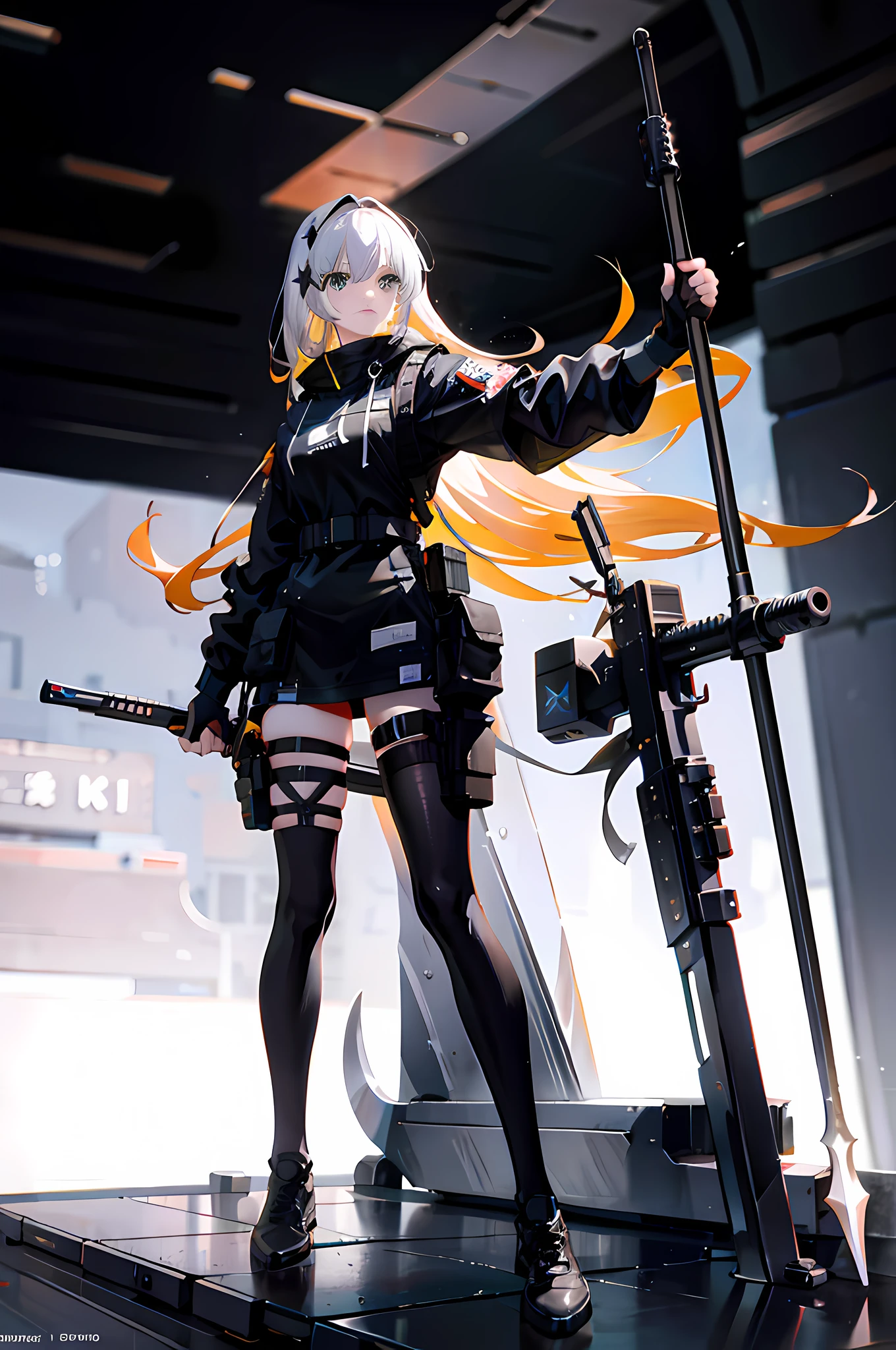 {{masterpiece, best quality, extremely detailed CG, unity 8k wallpaper, cinematic lighting, lens flare}}, a girl aiming a h&k hk416, wide view, full body, thick body, long blond hair, green eyes, (holding weapon, holding rifle,aiming,aim:1.4), gun, h&k hk416, carbine, open fire, firing,