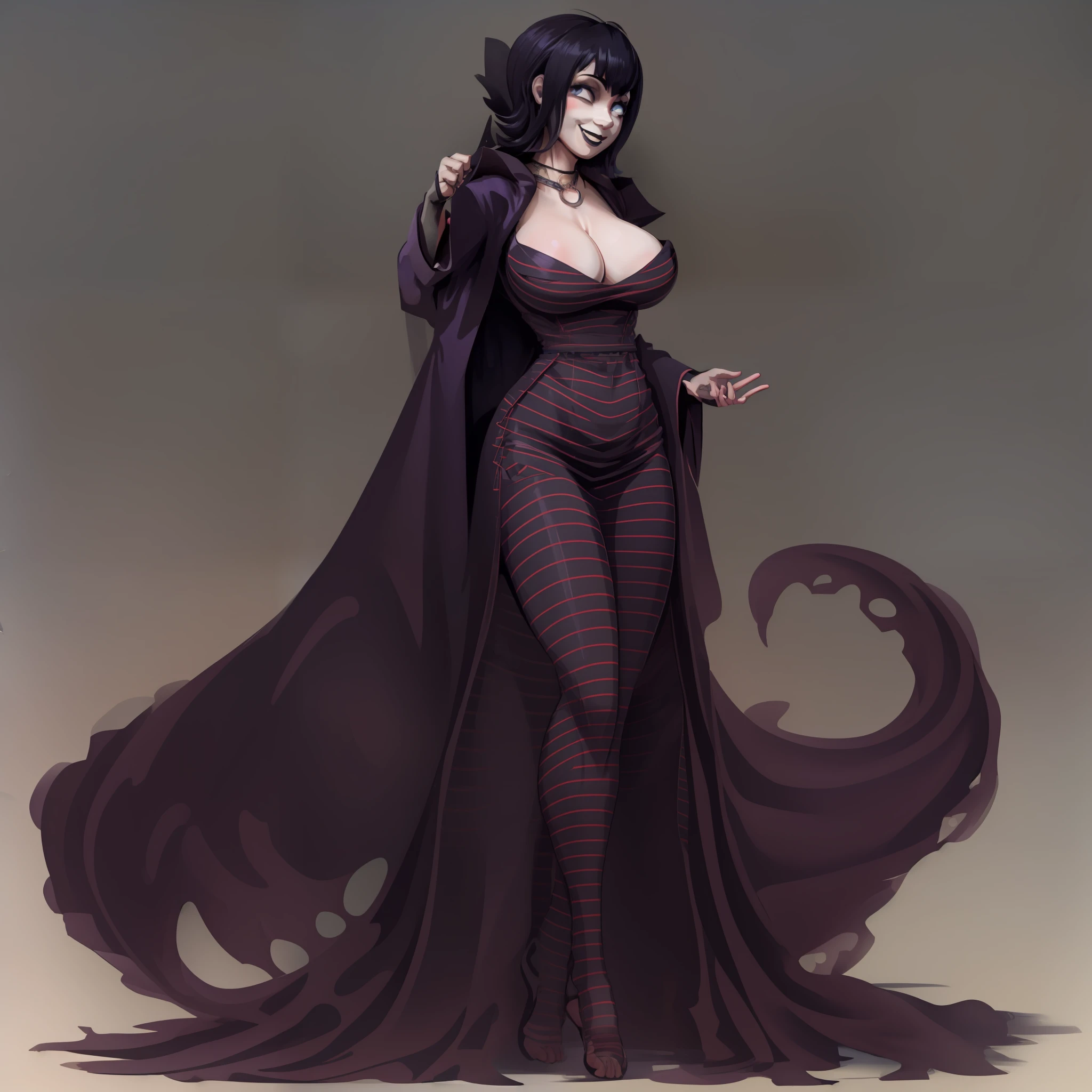 Mavis_dracula, full body, pantyhose, huge breast, pants, goth, long dress, black hair, flip flips, smile, long robe, skirt, victorian clothing