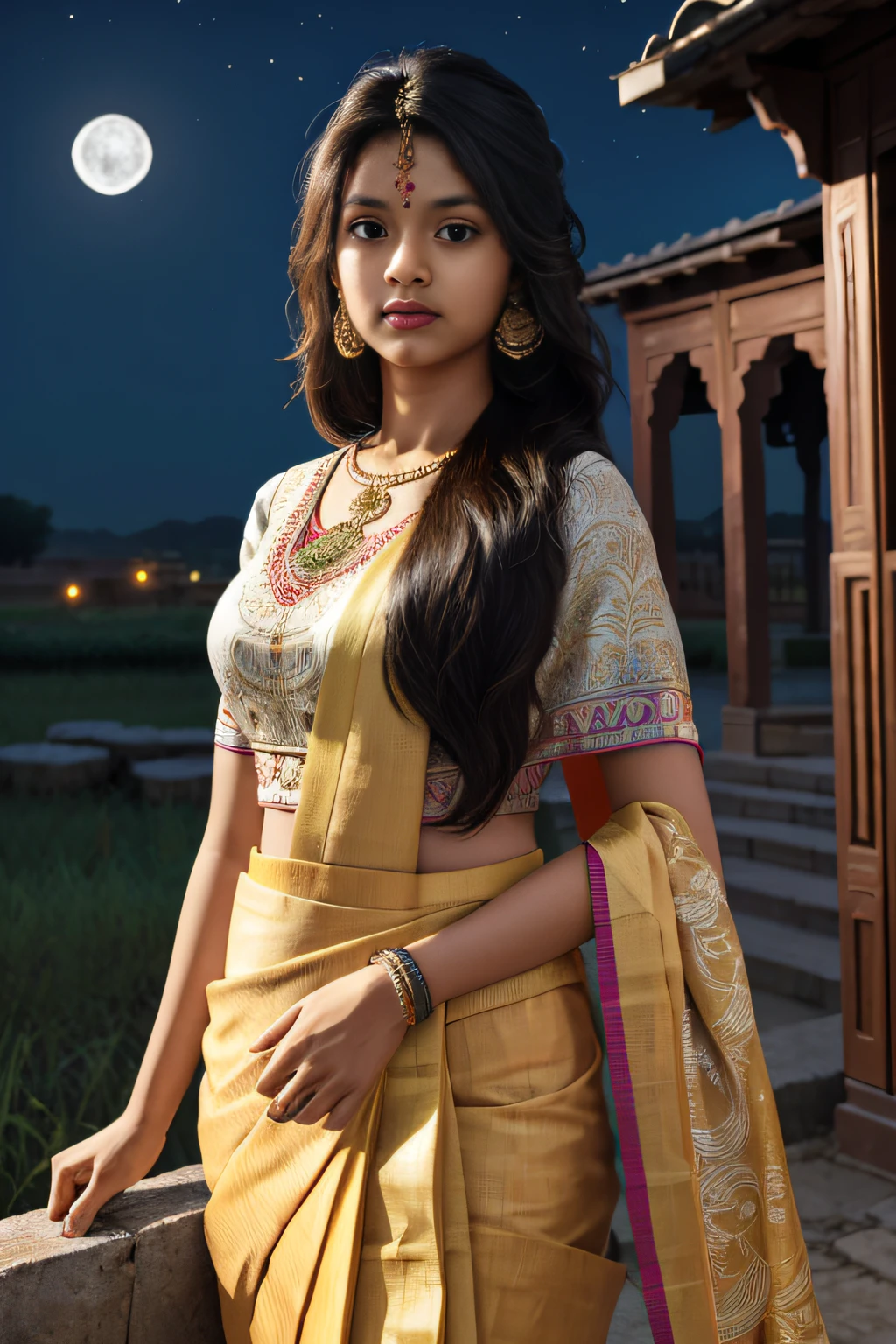 masterpiece, ultra detailed, hindi woman, india, wearing traditional hindi attire, wearing sari, long hair, windy, wearing, background is rural area, (night:1.2), detailed shadow, detailed face textures