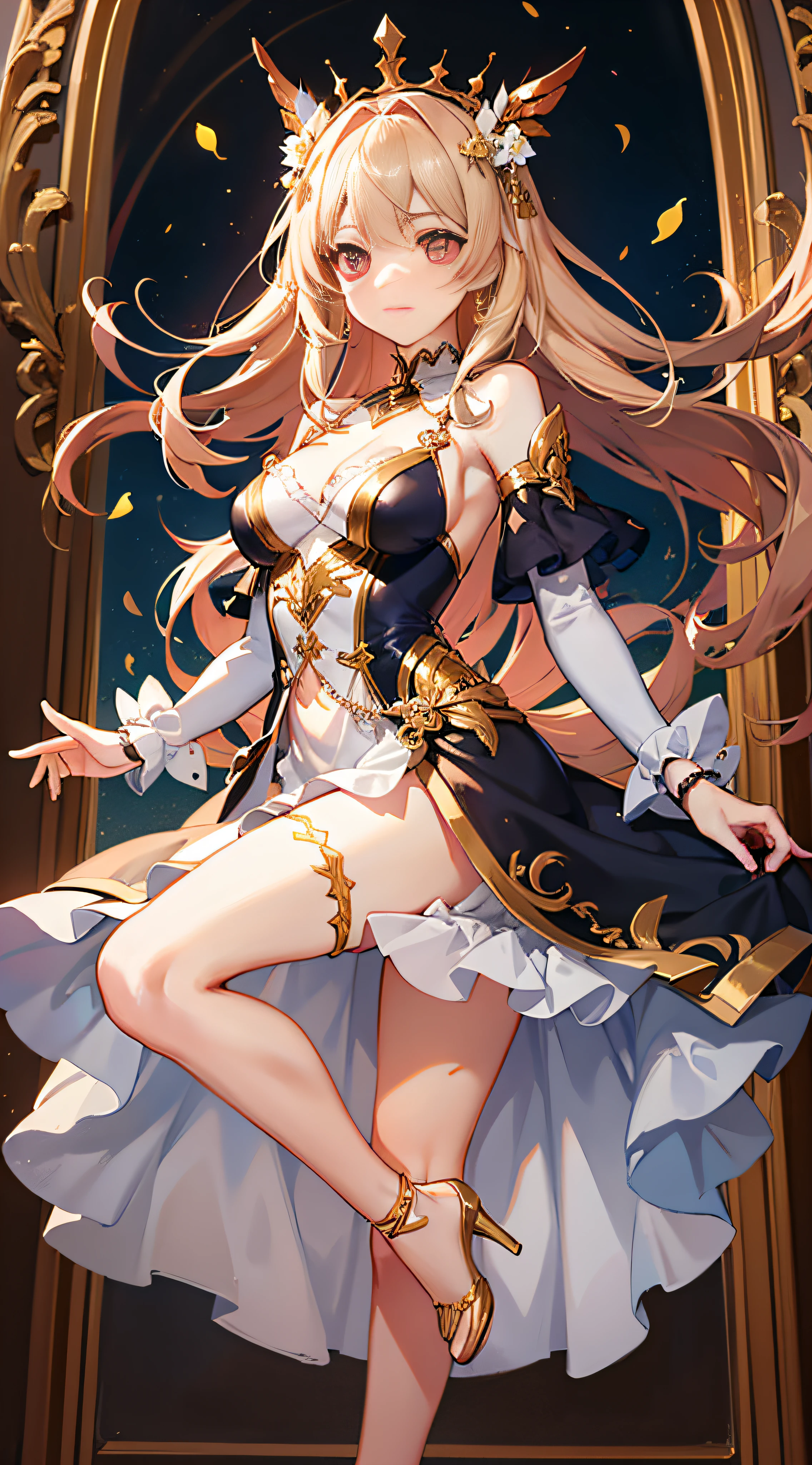 {{tmasterpiece}}}，{The is very detailed的 CG unified 8k 壁纸}，The best quality，Amazing Cleavage，finely detailled，独奏，电影灯光，closeup cleavage，{{Floating hair}}，exteriors，Skysky，{{ventania}}，detailed back ground，beatiful detailed eyes，，Bright pupils，{{full bodyesbian}}，dynamicposes，dynamic angle，looking at viewert，Details of clothes，blond hairbl, hair adornments, messy  hair, long whitr hair, Red eyes, Facing the audience, A faint smile, off the shoulder dress，The dress is decorated with a gold pattern,, Bare legs,, leg loops, standing on your feet, Full body photo, In an unaccompanied environment, Blurred background,