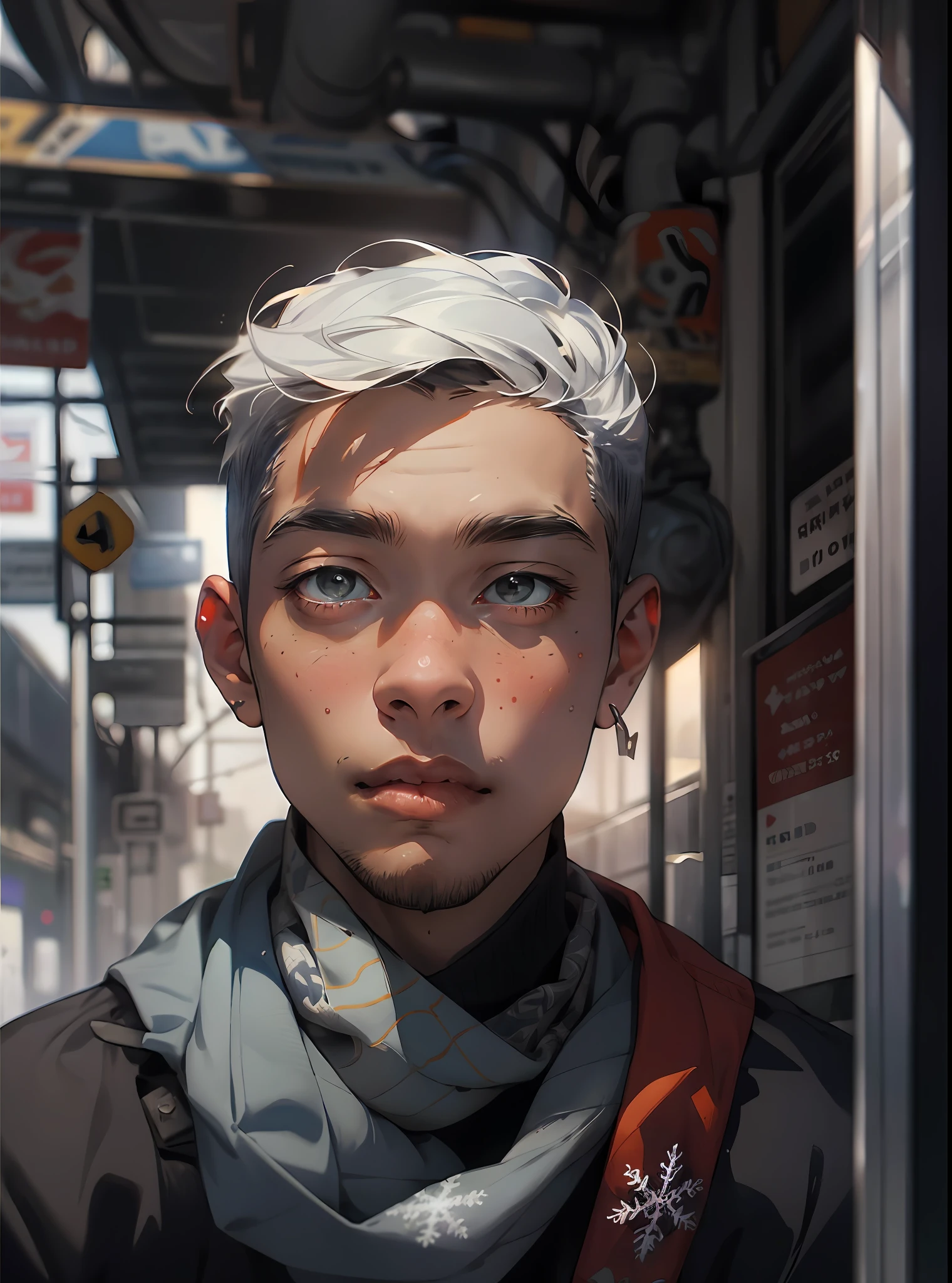 Realistic, (masterpiece, top quality, best quality, official art), very detailed, colorful, most detailed, gods, short hair, black hair, (magic), handsome man, snowflake, white scarf