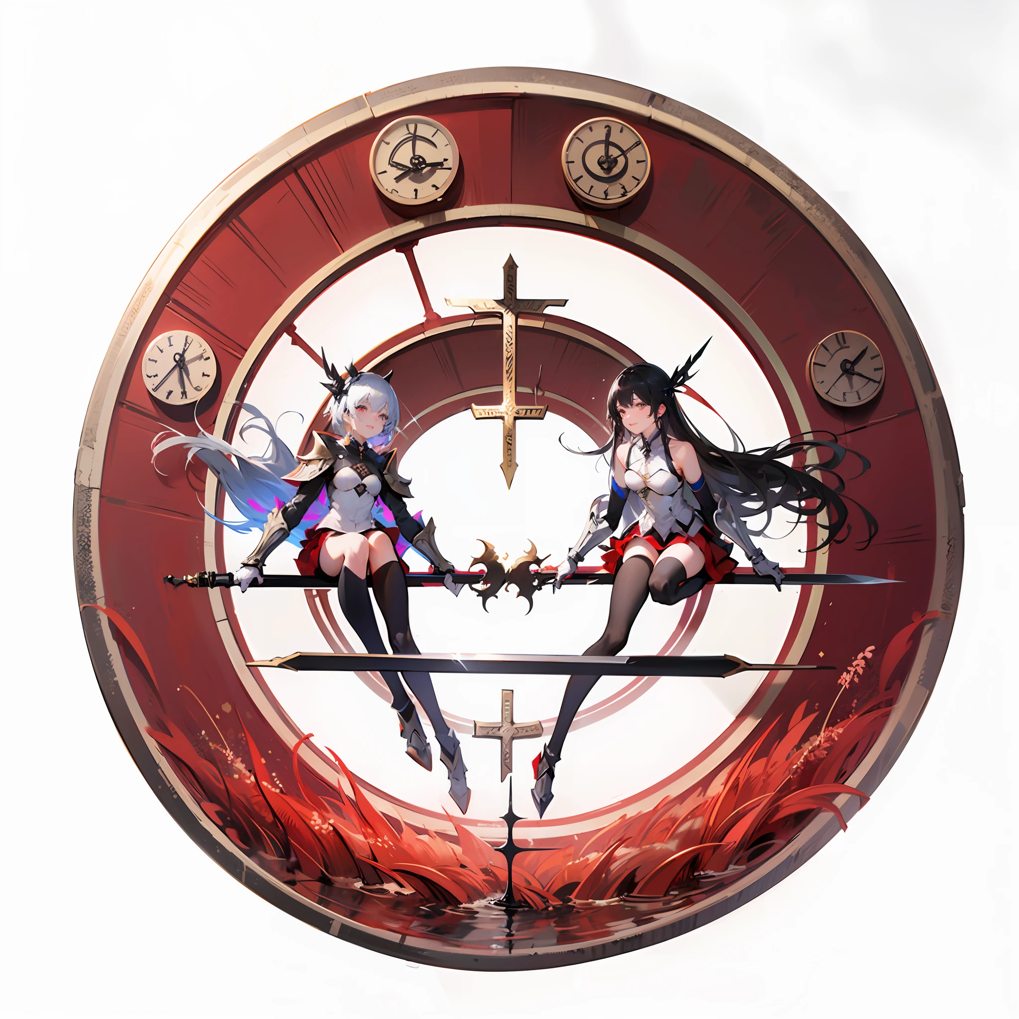 Expressive black hair, Smile, Anime style, hyper HD, retinas, Masterpiece, cinematic lighting, ray tracing ,sparkle,detailed background ,Two-dimensional style, a female knight, holding a long sword, night, moonlight, high tower in the background, intricate armor, red decoration, bare chest, short skirt, cross, mangrove