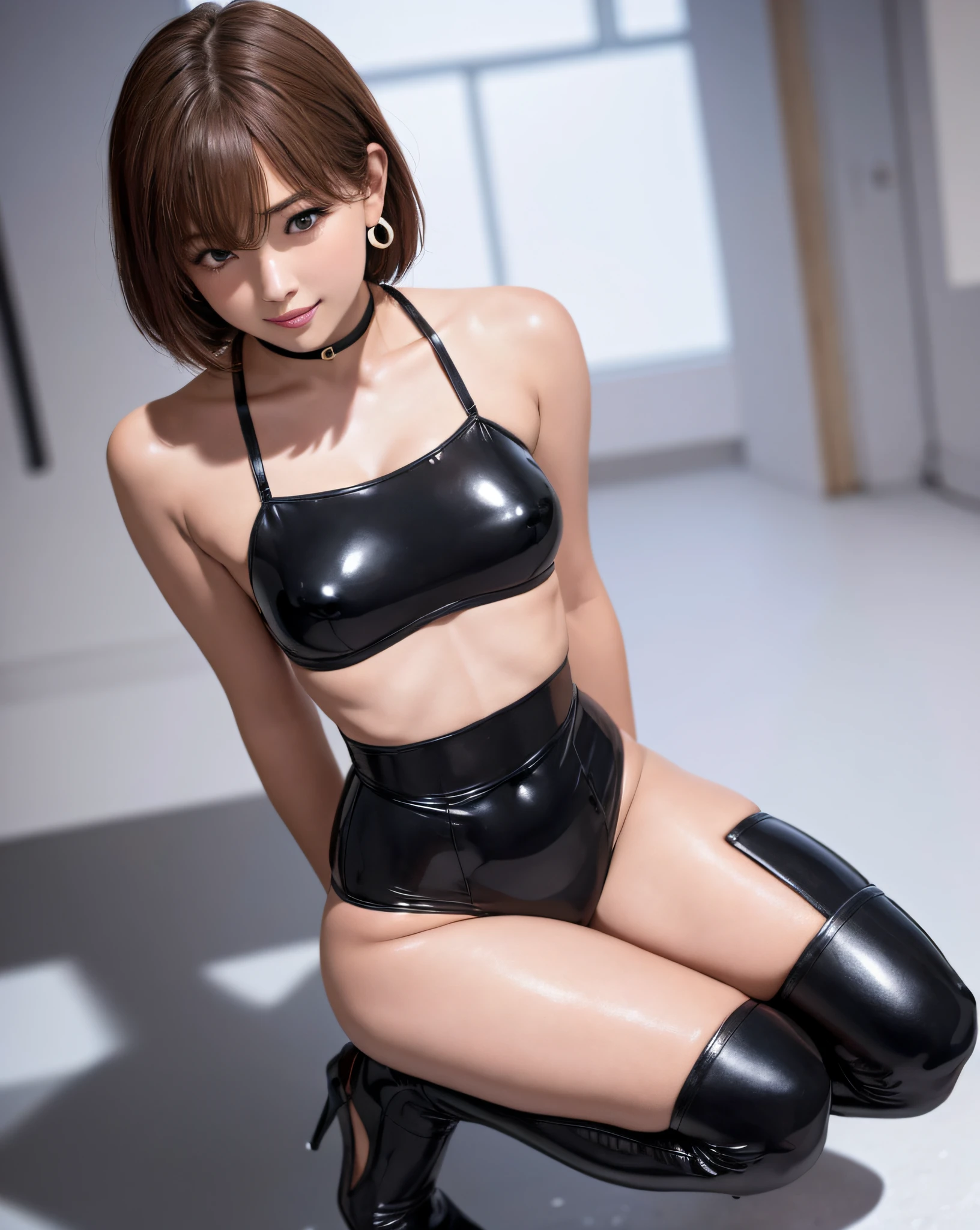 NSFW1.5), (Ultra Realistic), (High Resolution), (8K), (Very Detailed), (Best Illustration), (Best Illustration), (Beautiful and Detailed Eyes), (Best Quality), (Ultra Detailed), (Masterpiece), (Wallpaper), (Detailed Face), Solo, Girl, Seeing Viewer, Fine Detail, Detailed Face, In the Dark, Deep Shadows, Low Key, pureerosfaceace_v1, Smile, Bust, Black full-body tight-fitting enamel rubber suit, right hand above right knee, greatly exposed from neck to below the navel, mekosuji, nipple ridge emphasis, standing, wearing high heels, necklace, earrings, half shoulder, undressing, spread legs, squatting