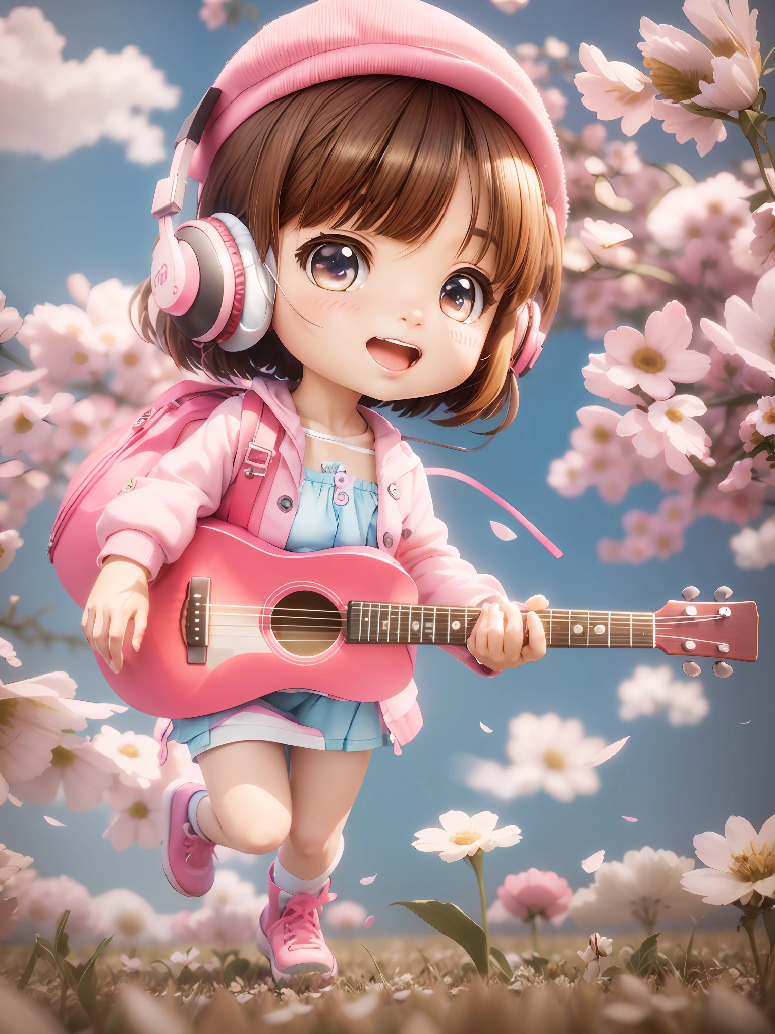 Anime girl with headphones and guitar in flower field, render of a cute 3d anime girl, Cute detailed digital art, cute 3 d render, Kawaii realistic portrait, Loli, anime styled 3d, adorable digital art, render of april, Guviz-style artwork, Stylized anime, 3d anime girl