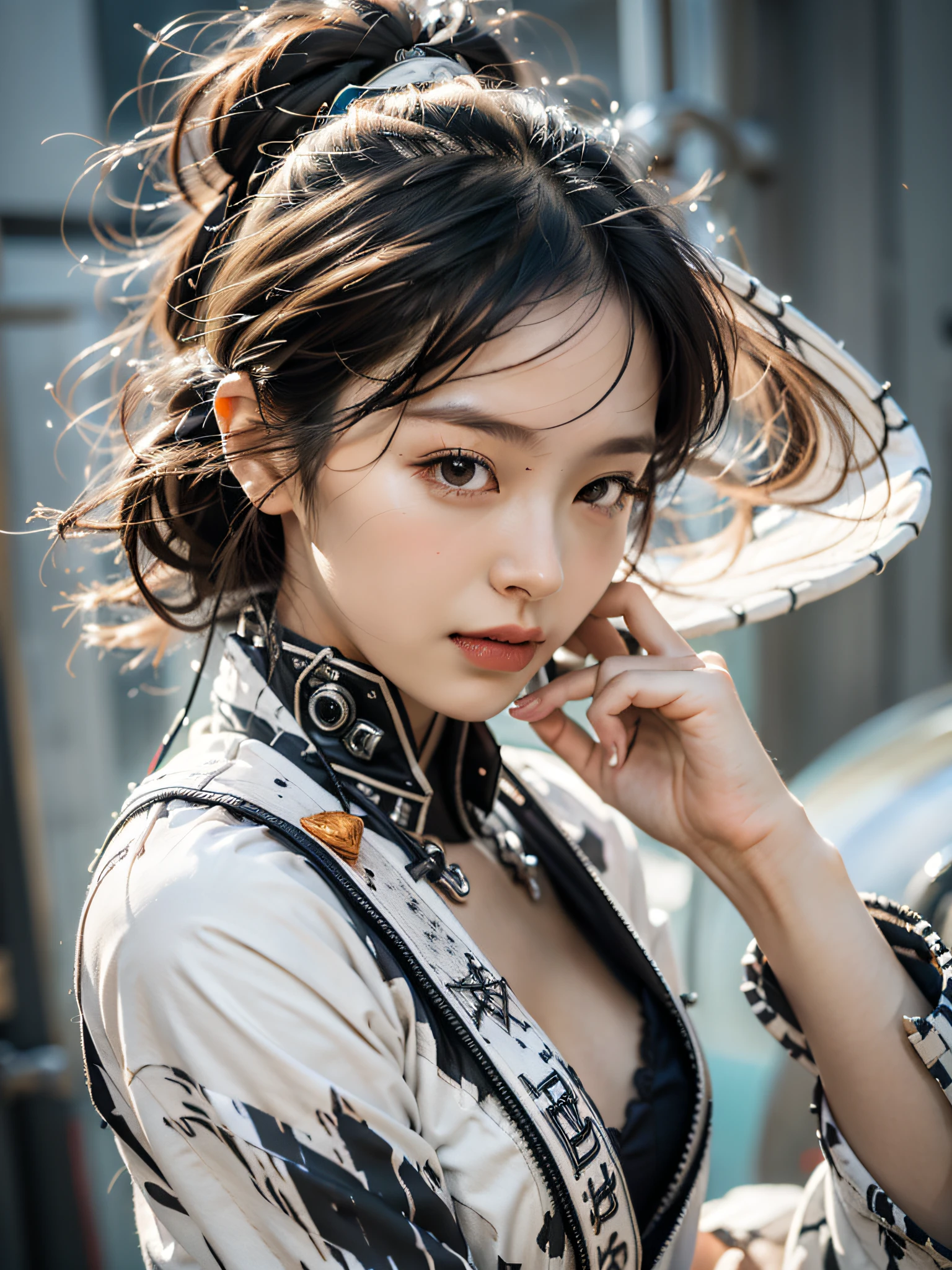 Best quality at best,tmasterpiece,超高分辨率,(真实感:1.4),(sword1.2),Detailed details,1girll,Combat posture,cleavage,a beauty girl,Hand-held weapons,mechs,A mechanical,ellegance,Clear focus,gentlesoftlighting,vivd colour,tmasterpiece,